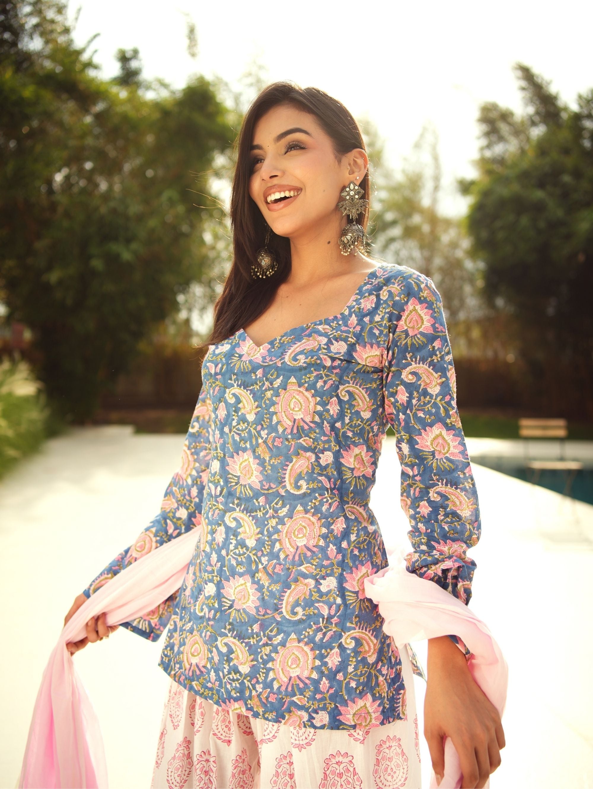Mrunal Blue & Pink Handblock Cotton Three Piece Farshi Set with Mul Cotton Dupatta