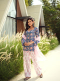 Mrunal Blue & Pink Handblock Cotton Three Piece Farshi Set with Mul Cotton Dupatta