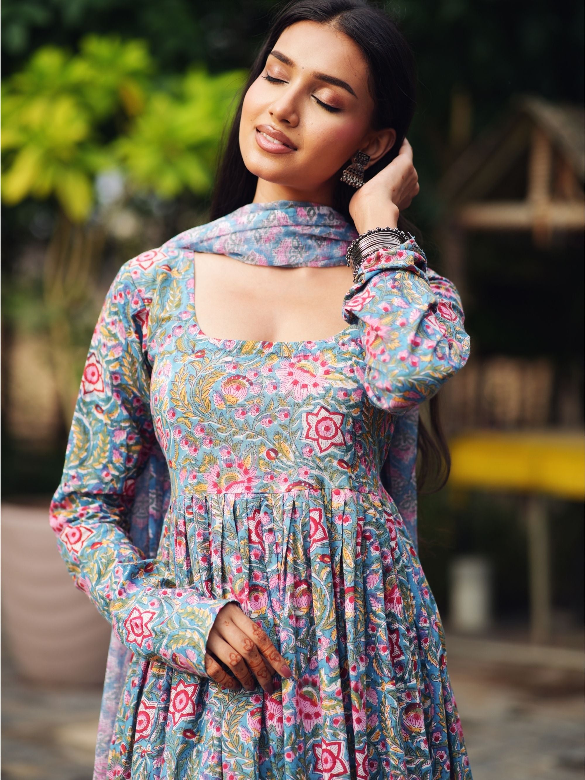Razi Pink & Blue Handblock Cotton Three Piece Kurta Set with Kota Doriya Dupatta