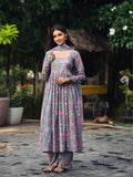 Razi Pink & Blue Handblock Cotton Three Piece Kurta Set with Kota Doriya Dupatta