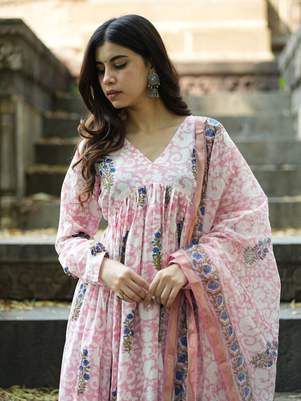 Gulrez Pink and White Three Piece Anarkali Set