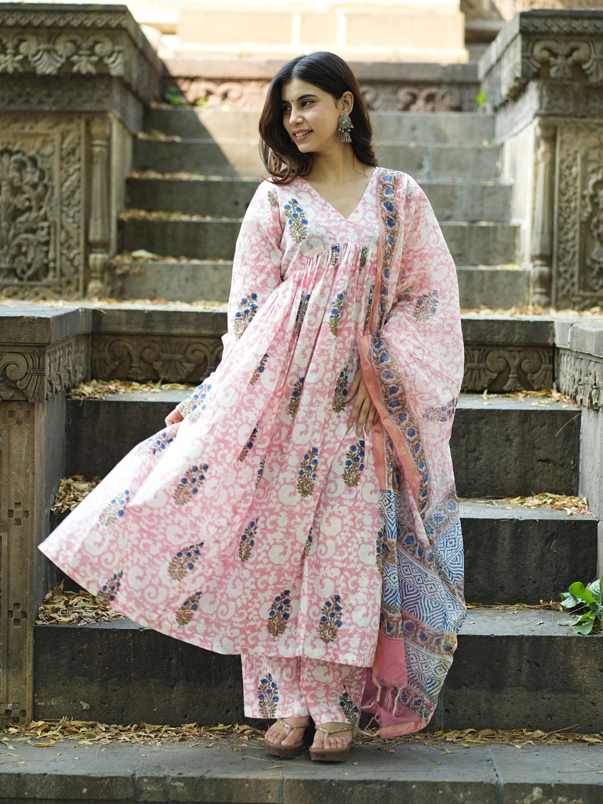 Gulrez Pink and White Three Piece Anarkali Set