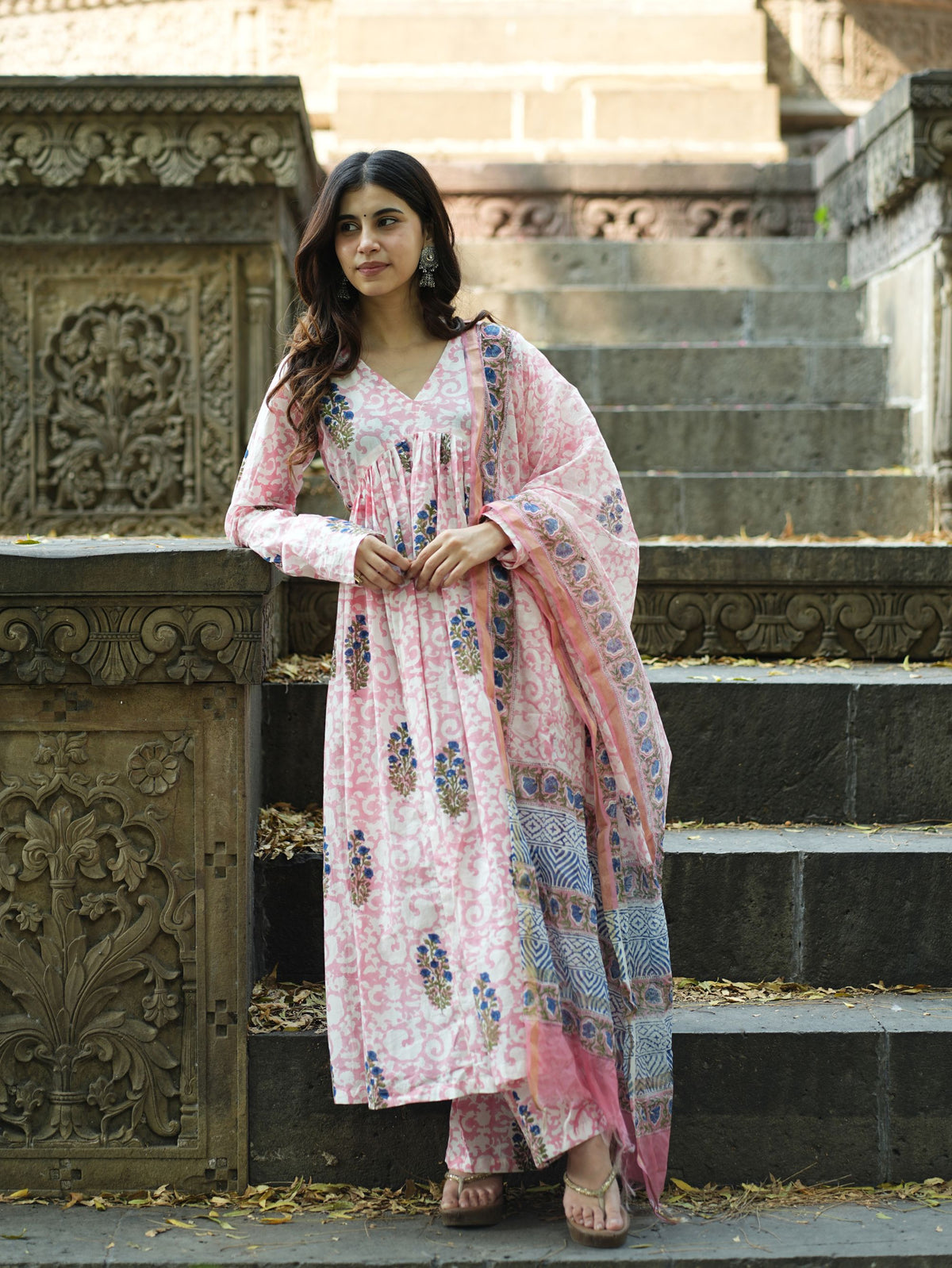 Gulrez Pink and White Three Piece Anarkali Set