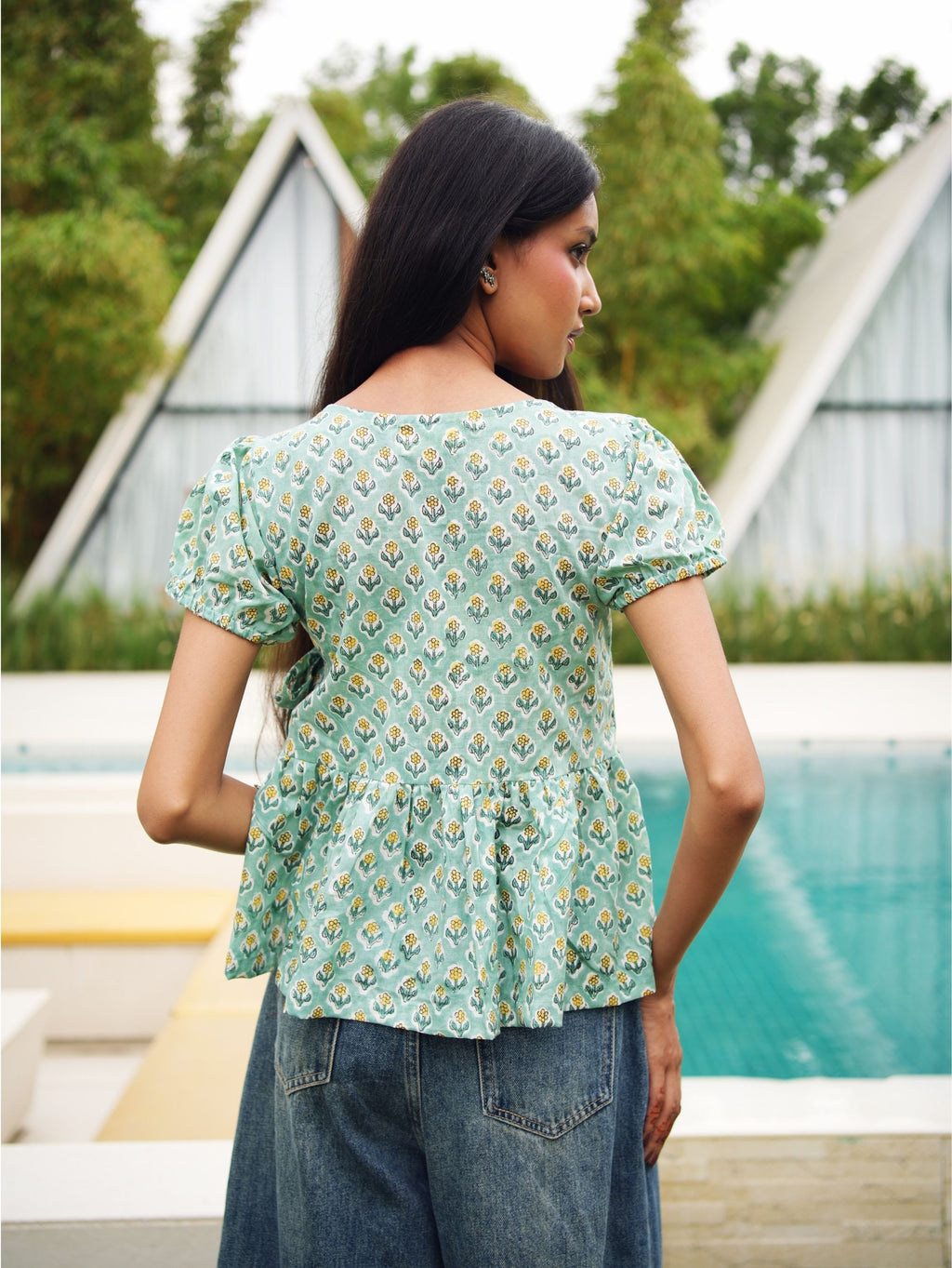 Avni Green Cotton Wrap Top for Women - V Neck Puff Sleeve Top