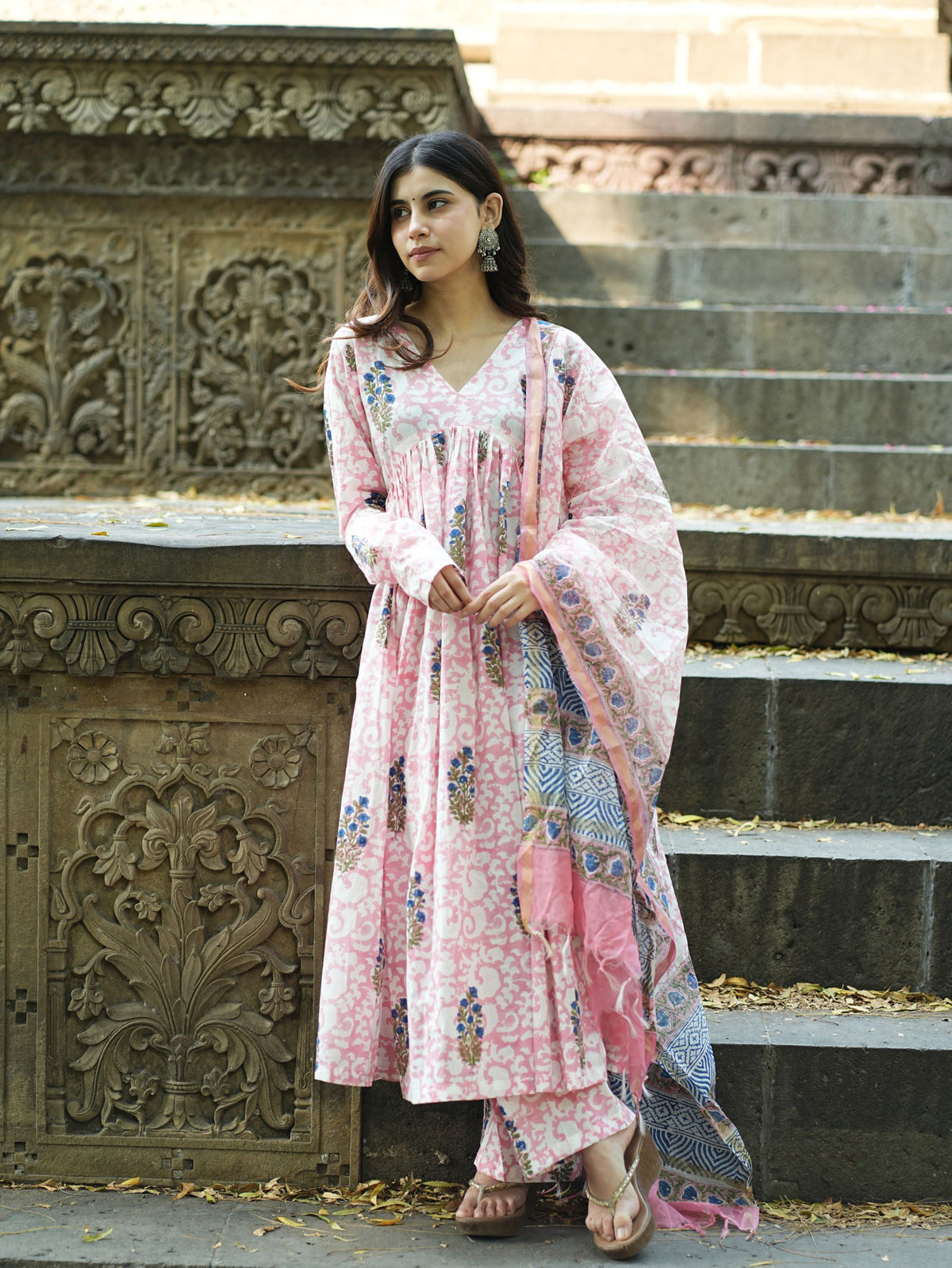 Gulrez Pink and White Three Piece Anarkali Set