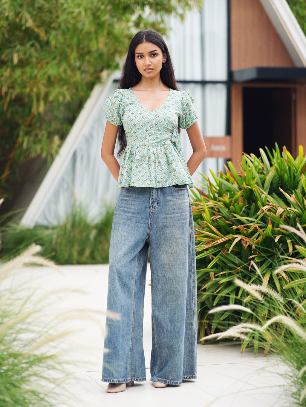 Avni Green Cotton Wrap Top for Women - V Neck Puff Sleeve Top