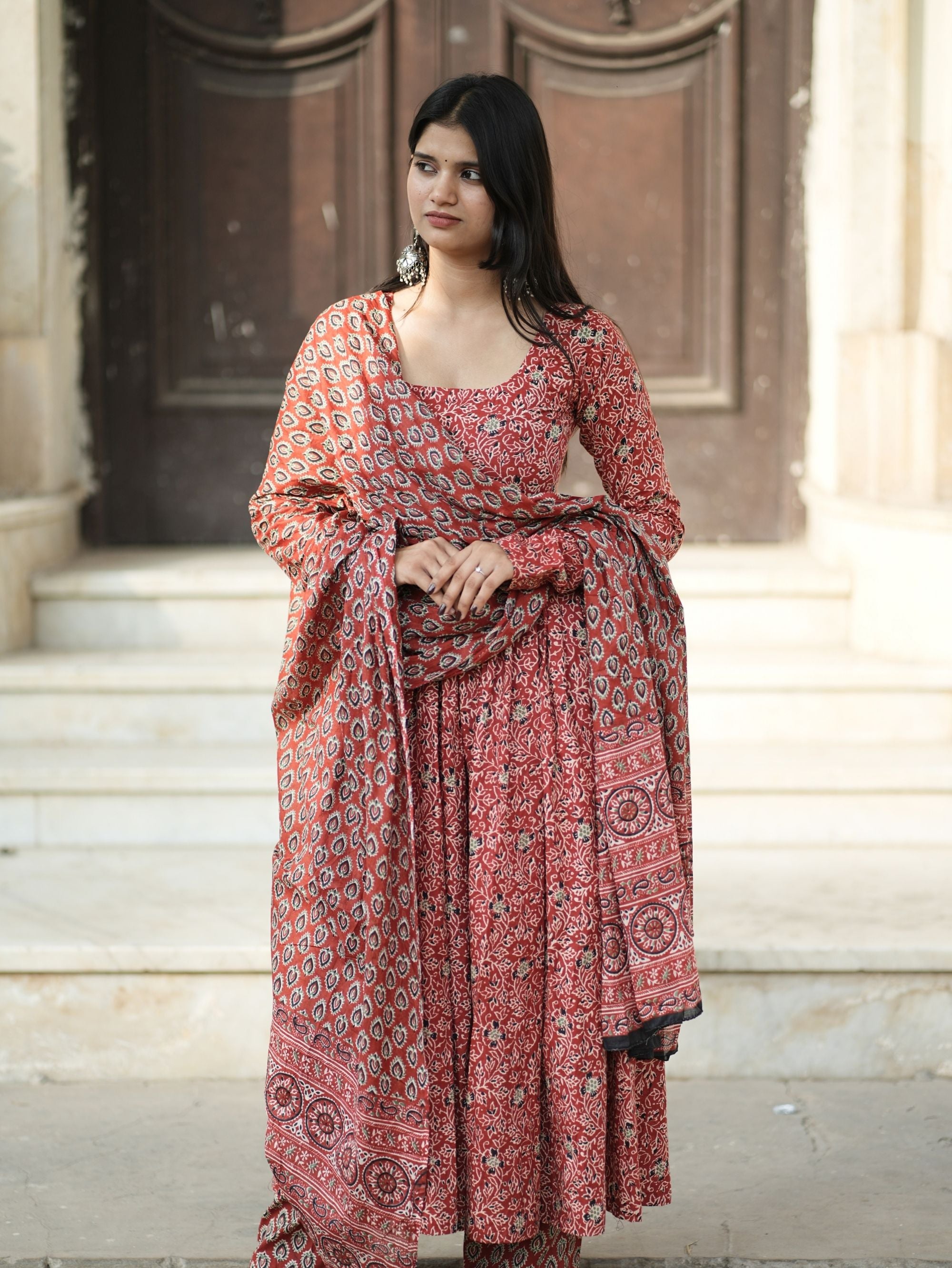 Madhubala Red Cotton Anarkali Suit Set