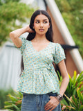 Avni Green Cotton Wrap Top for Women - V Neck Puff Sleeve Top