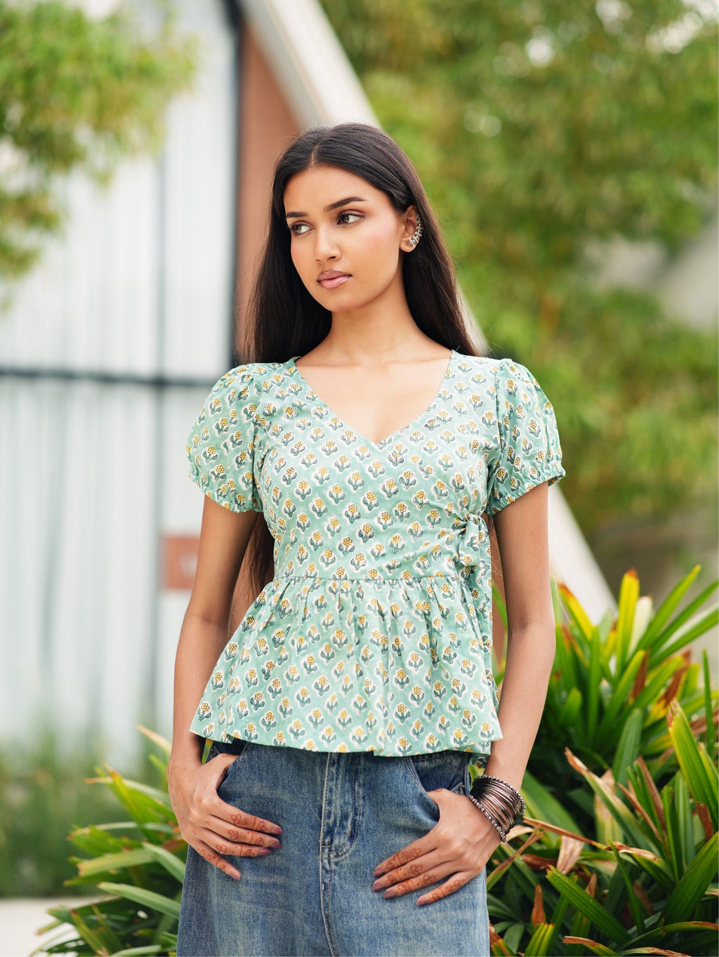 Avni Green Cotton Wrap Top for Women - V Neck Puff Sleeve Top