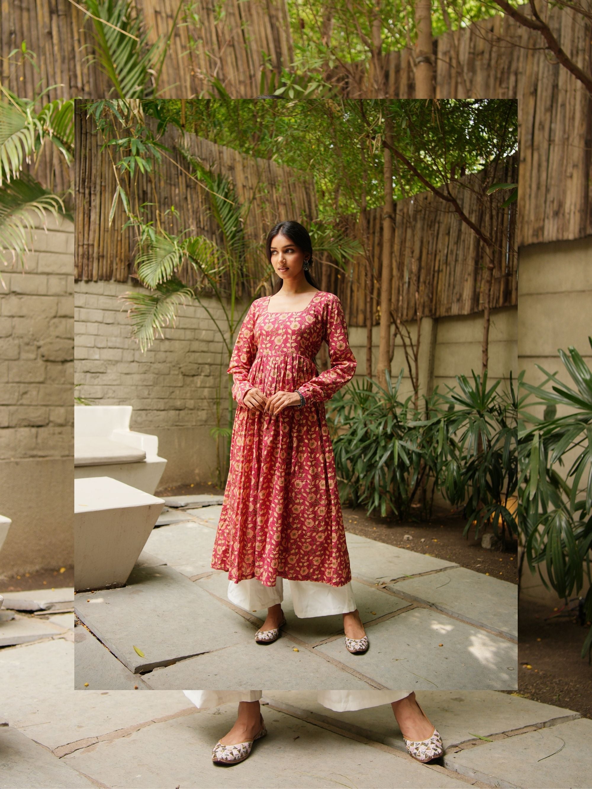 Haya Handblock Cotton Kameez for Women - Pink Long Kameez with Churi Sleeves