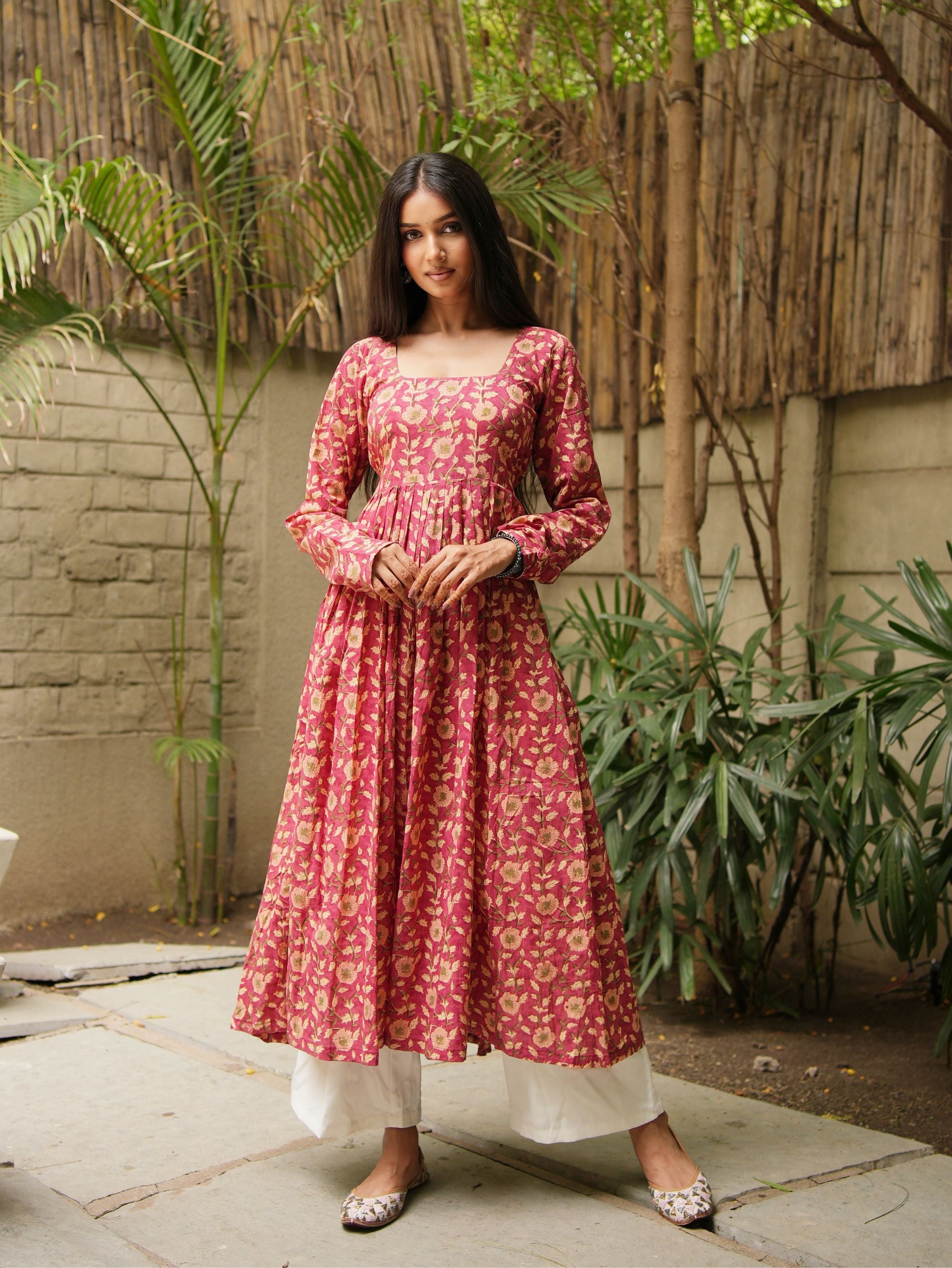Haya Handblock Cotton Kameez for Women - Pink Long Kameez with Churi Sleeves