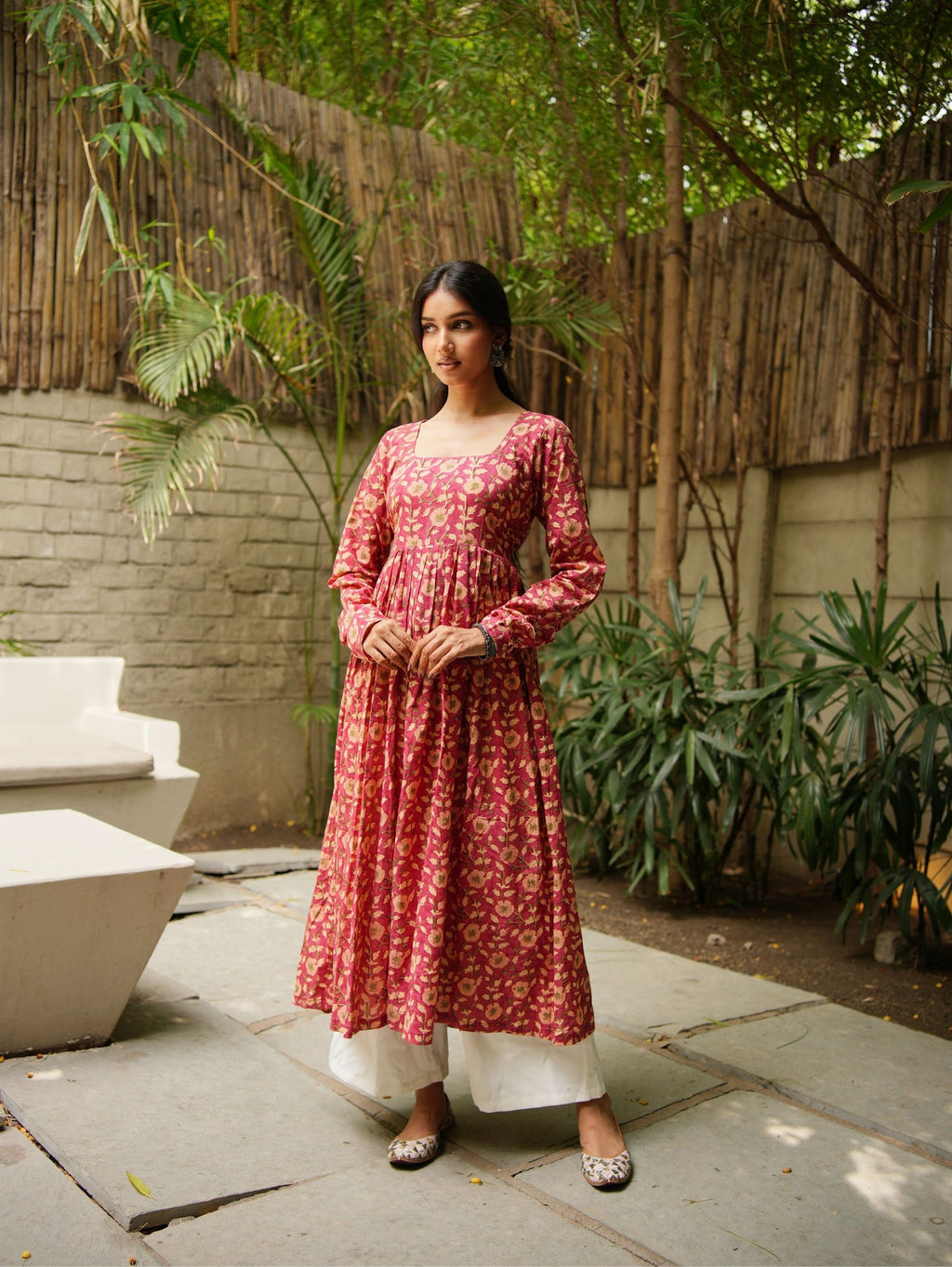 Haya Handblock Cotton Kameez for Women - Pink Long Kameez with Churi Sleeves