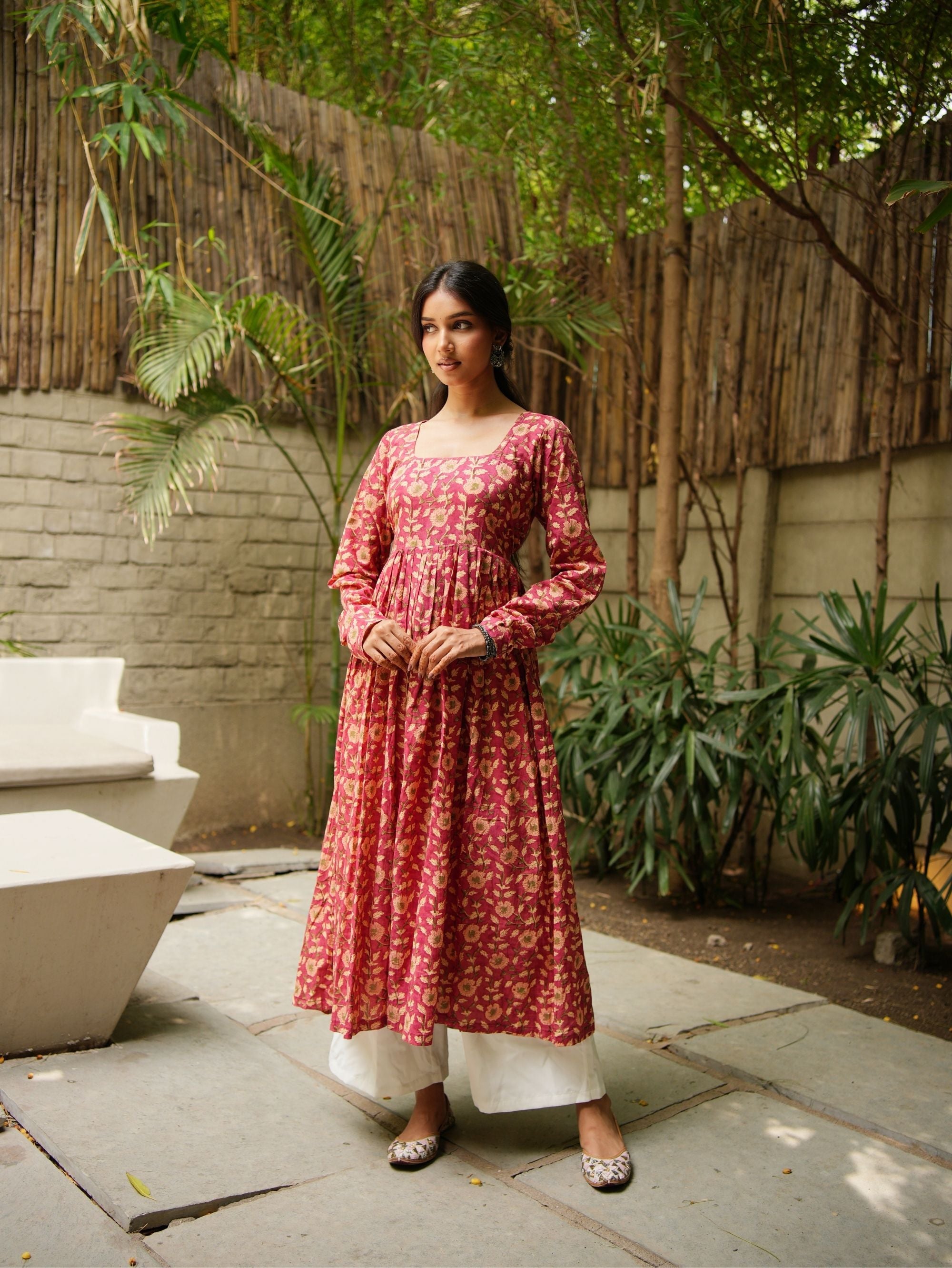 Haya Handblock Cotton Kameez for Women - Pink Long Kameez with Churi Sleeves