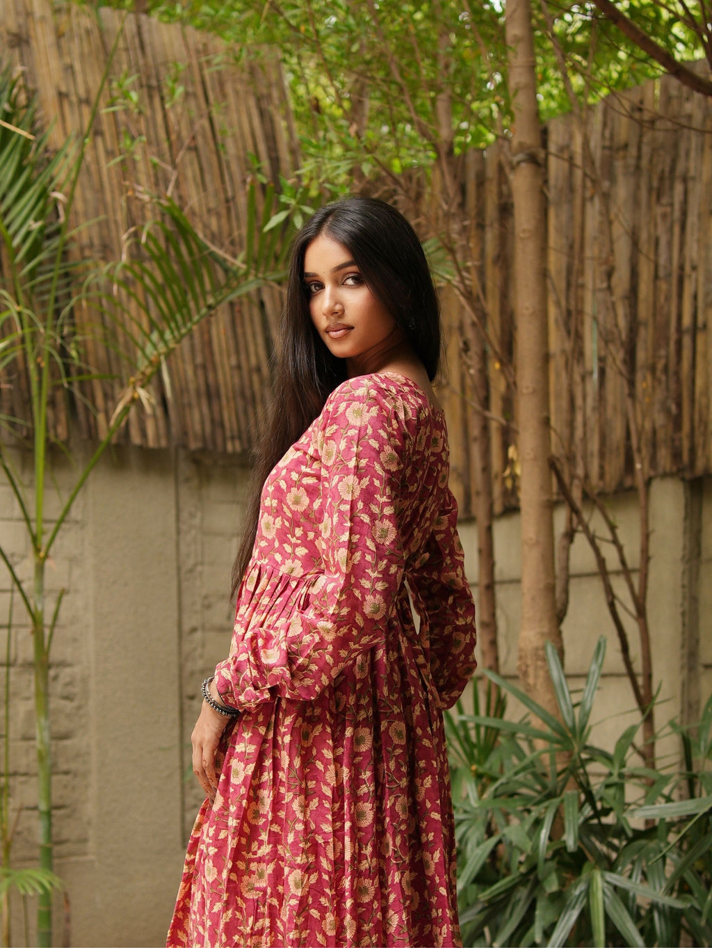 Haya Handblock Cotton Kameez for Women - Pink Long Kameez with Churi Sleeves
