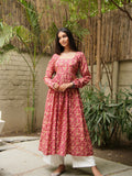 Haya Handblock Cotton Kameez for Women - Pink Long Kameez with Churi Sleeves
