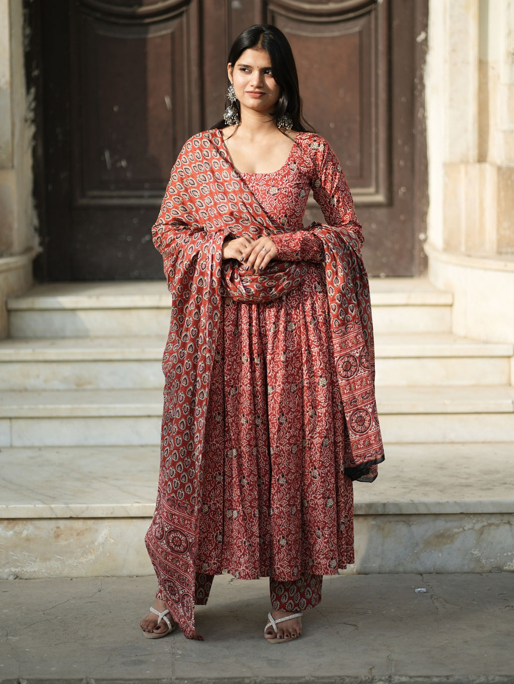 Madhubala Red Cotton Anarkali Suit Set
