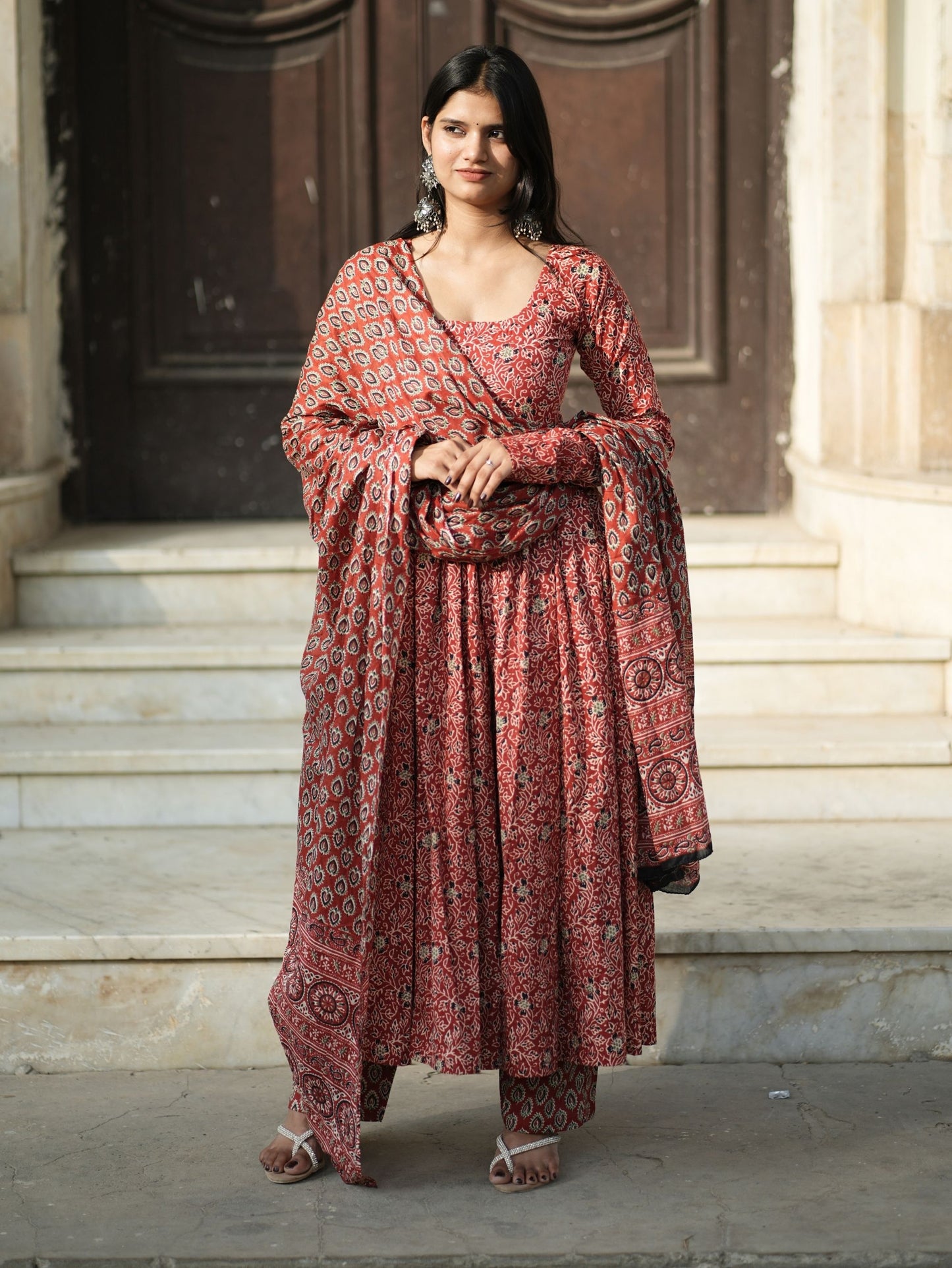 Madhubala Red Cotton Anarkali Suit Set