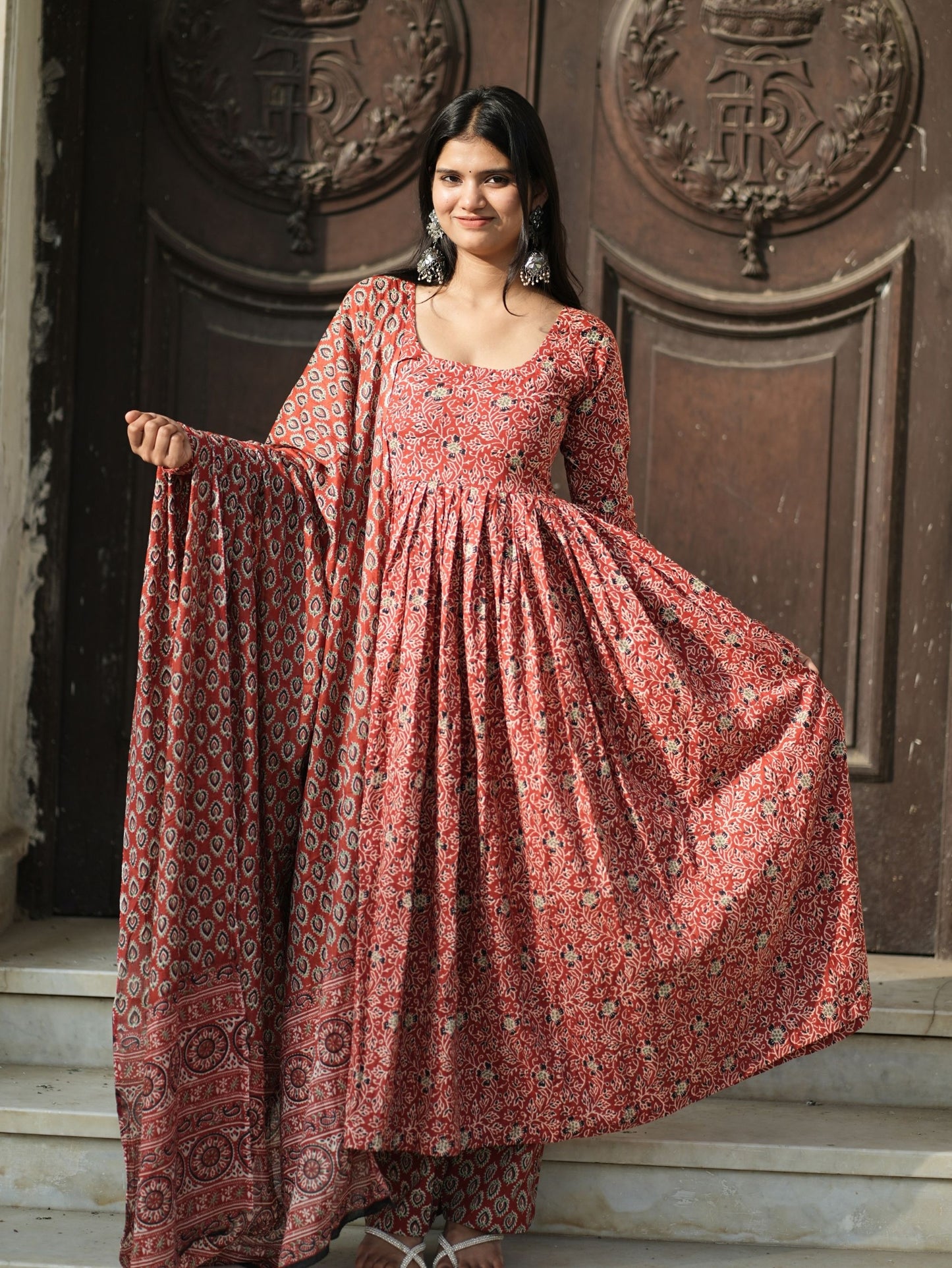 Madhubala Red Cotton Anarkali Suit Set