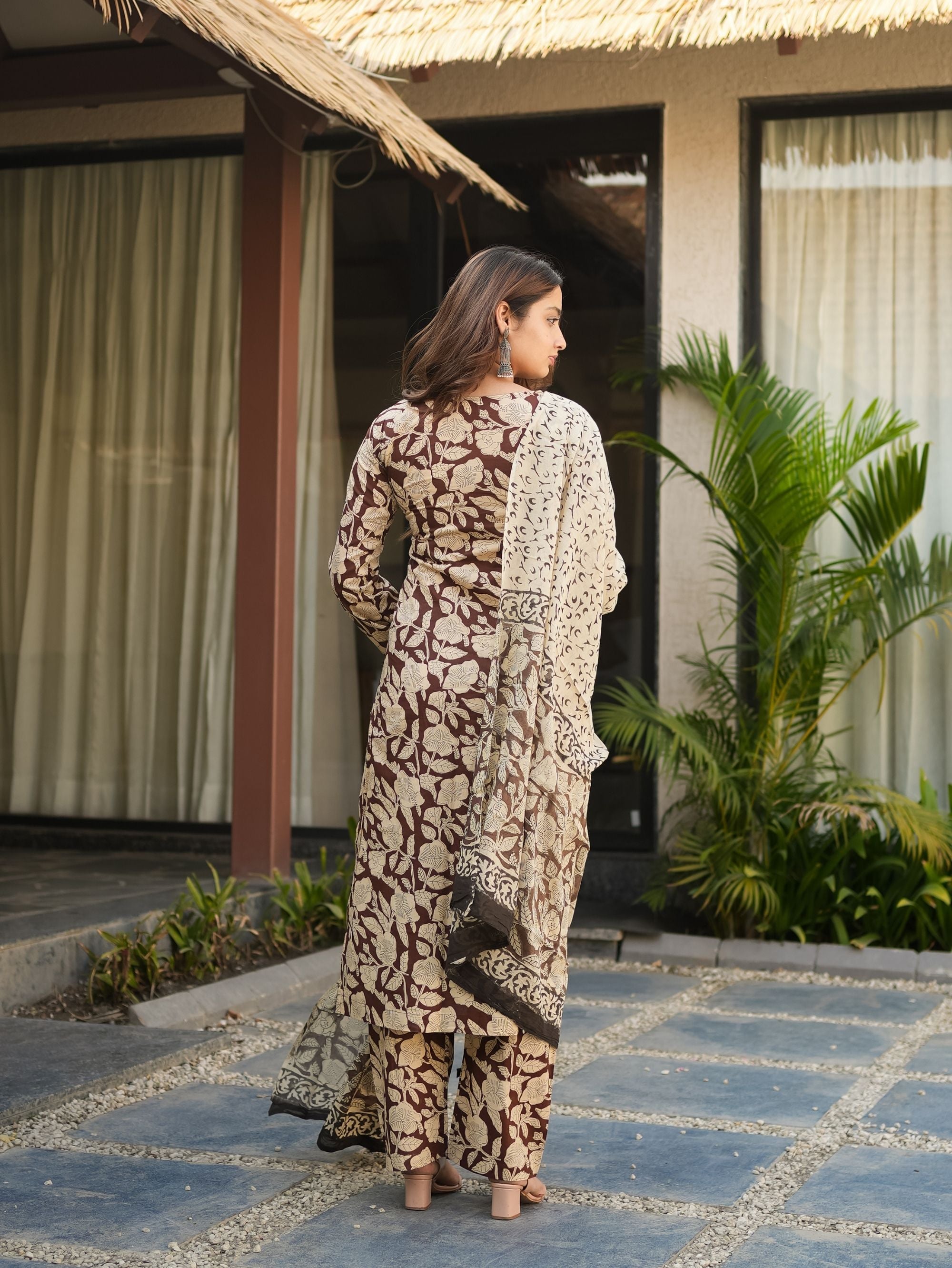 Smoky Plum Brown Handblock Straight Kurta Set with Cotton Dupatta