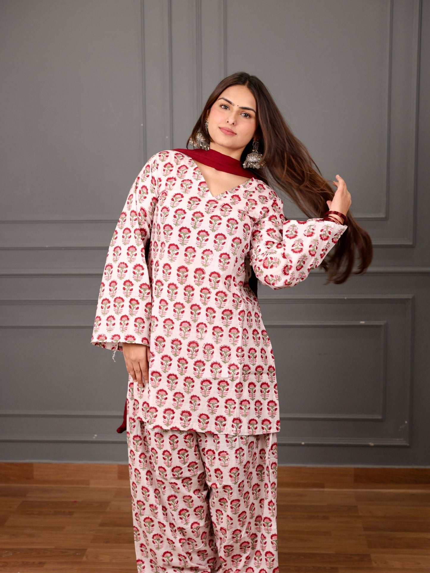 Gulbahar Cotton Farshi Salwar Suit Set with Chiffon Dupatta