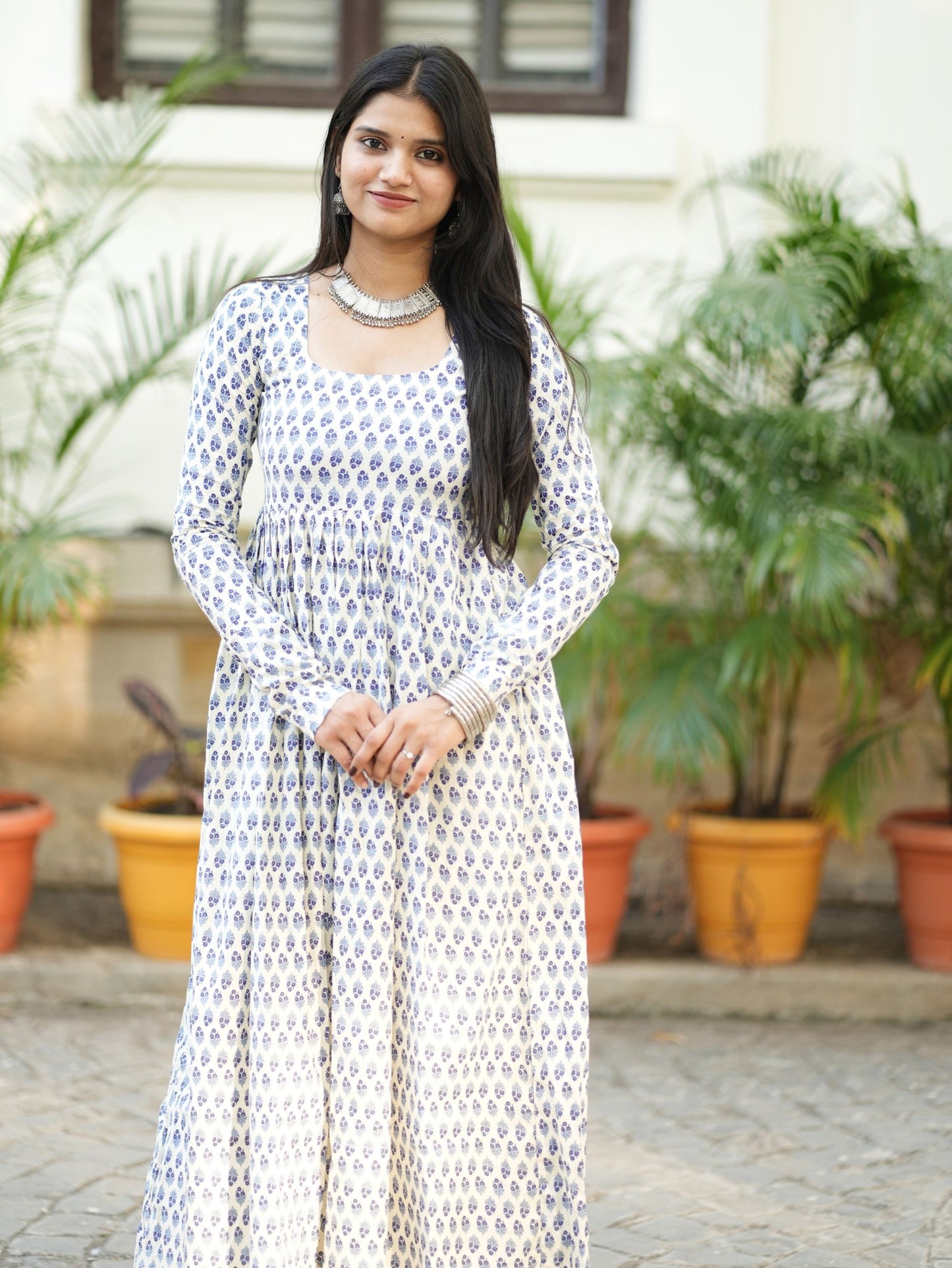 Aradhya White Blue Printed Cotton Kameez with Full Sleeves