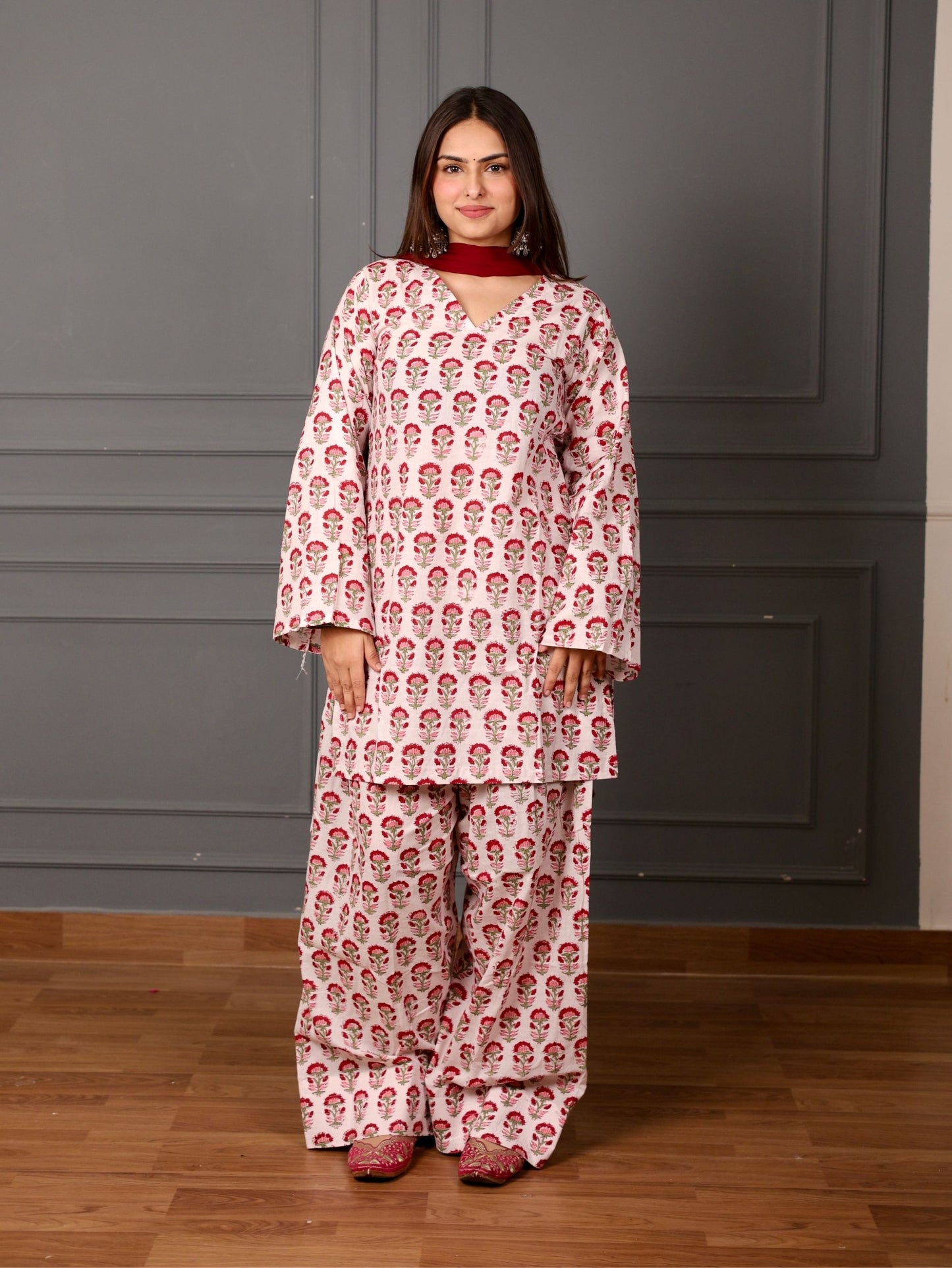 Gulbahar Cotton Farshi Salwar Suit Set with Chiffon Dupatta