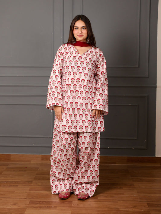 Gulbahar Cotton Farshi Salwar Suit Set with Chiffon Dupatta