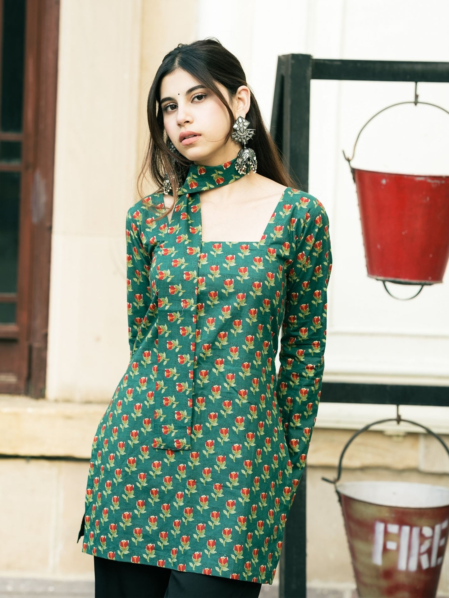 Aaira Green Printed Short Kurti with Scarf Detail