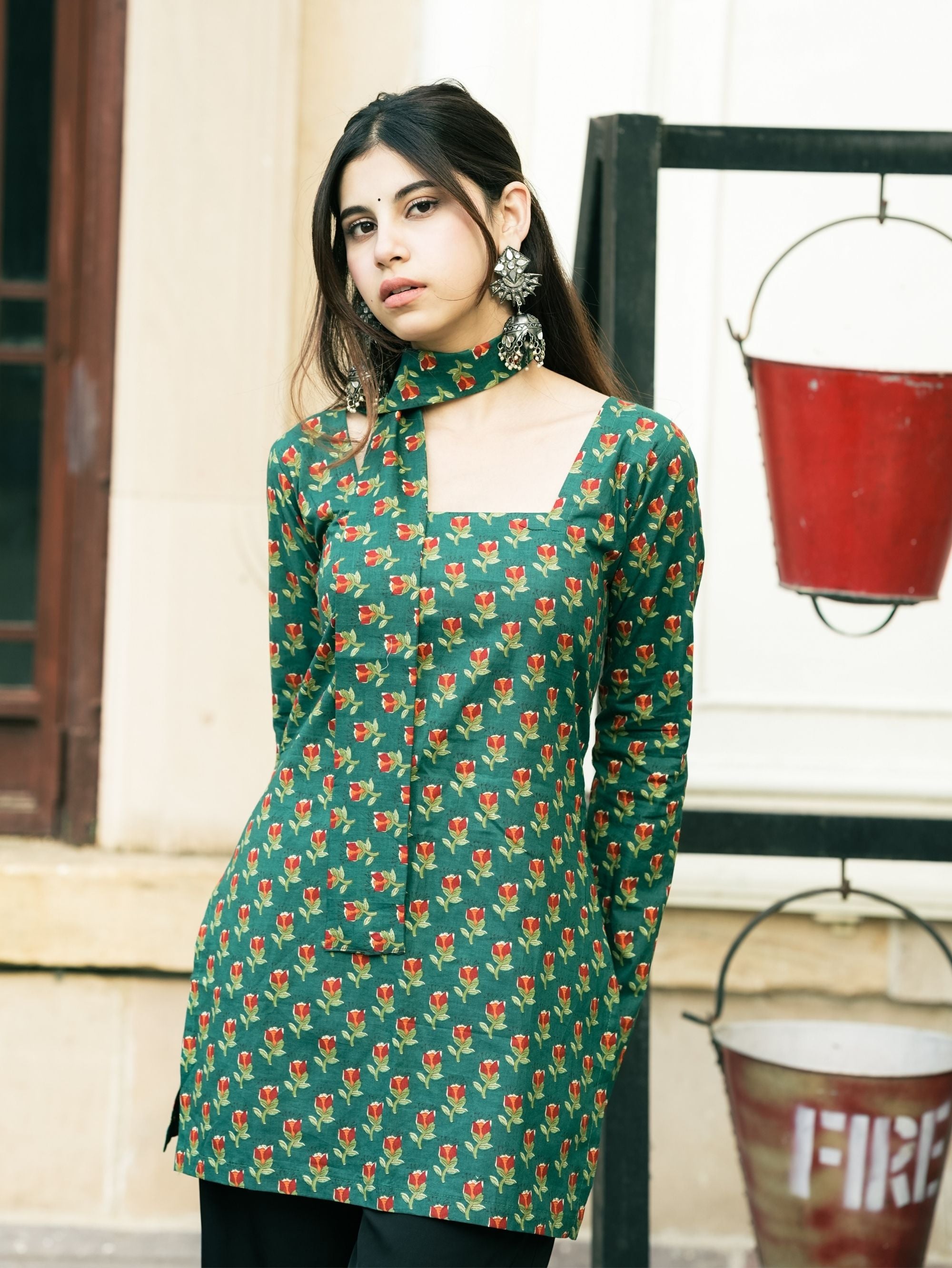 Aaira Green Printed Short Kurti with Scarf Detail