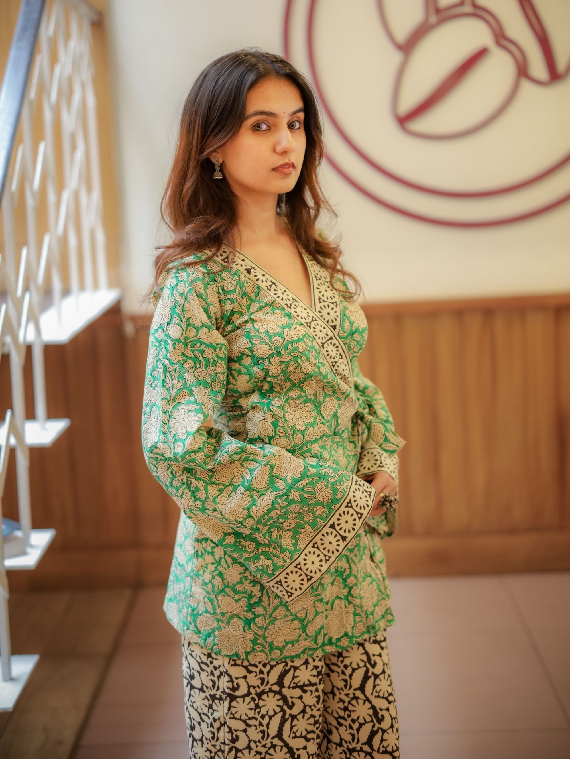 Mint Pista Handblock Wrap Top & Palazzo Set for Women