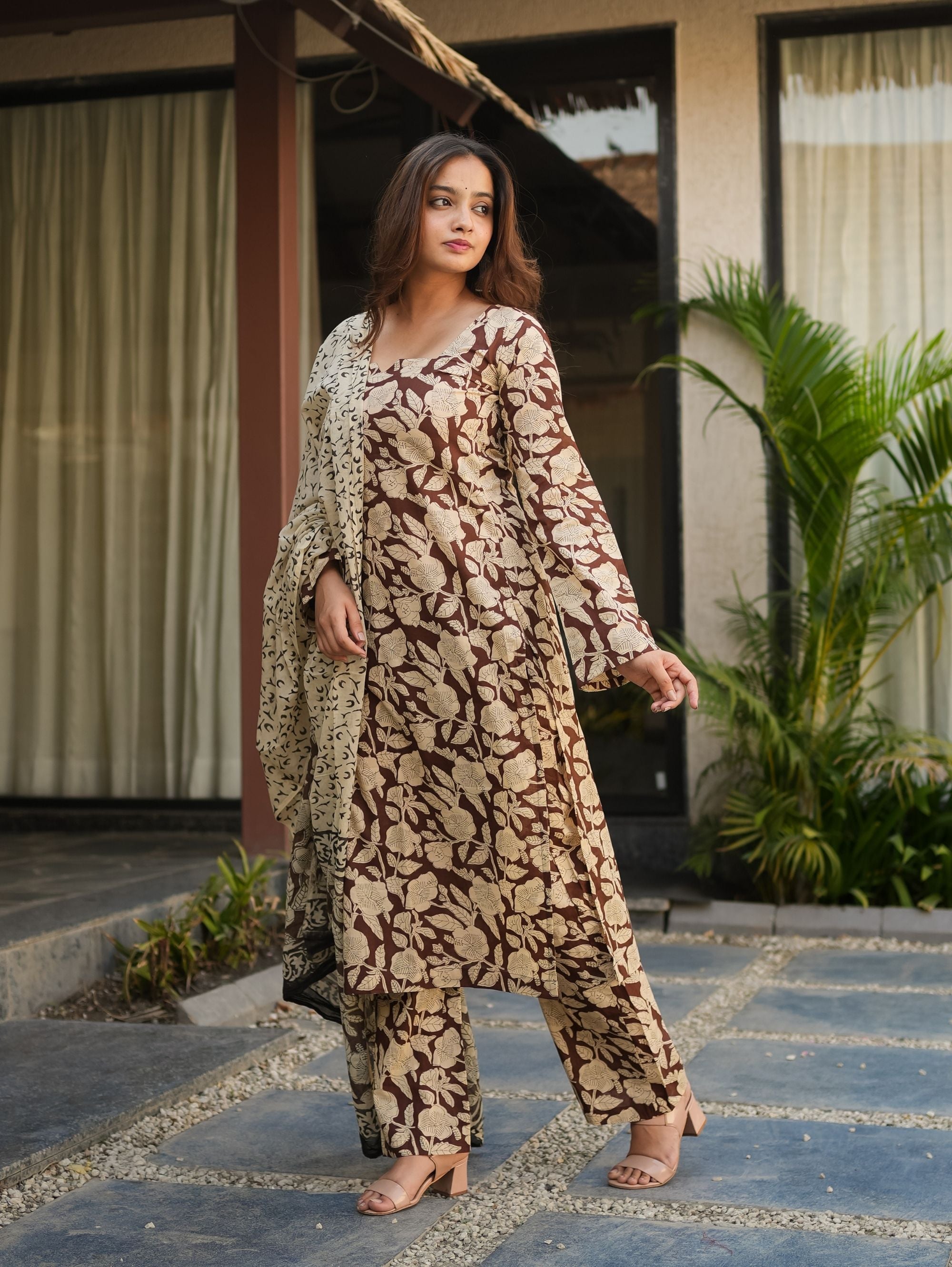 Smoky Plum Brown Handblock Straight Kurta Set with Cotton Dupatta