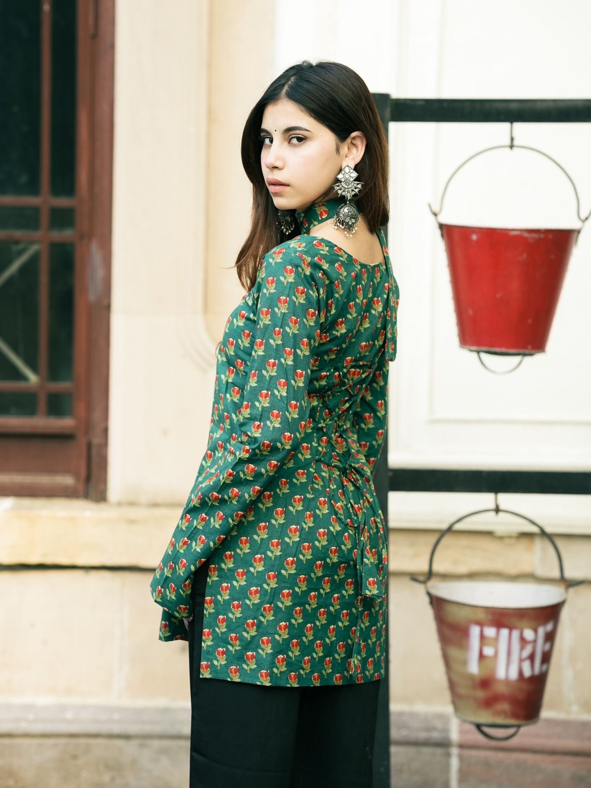 Aaira Green Printed Short Kurti with Scarf Detail