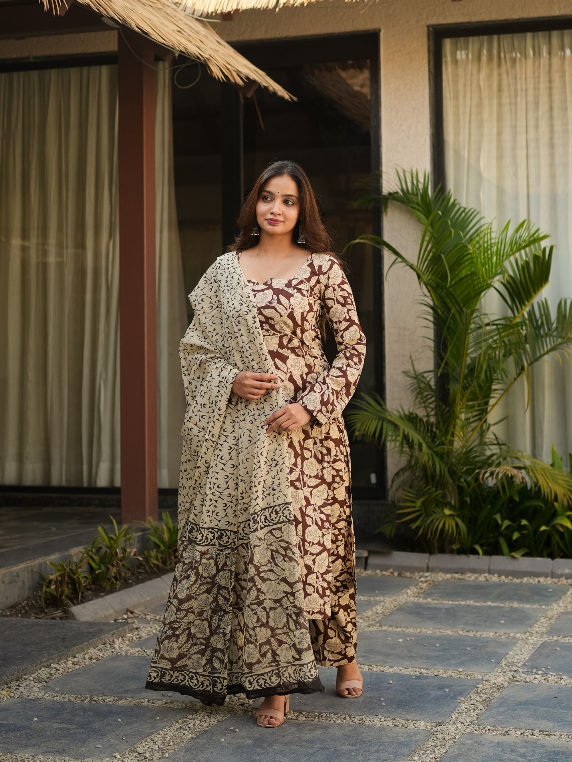 Smoky Plum Brown Handblock Straight Kurta Set with Cotton Dupatta