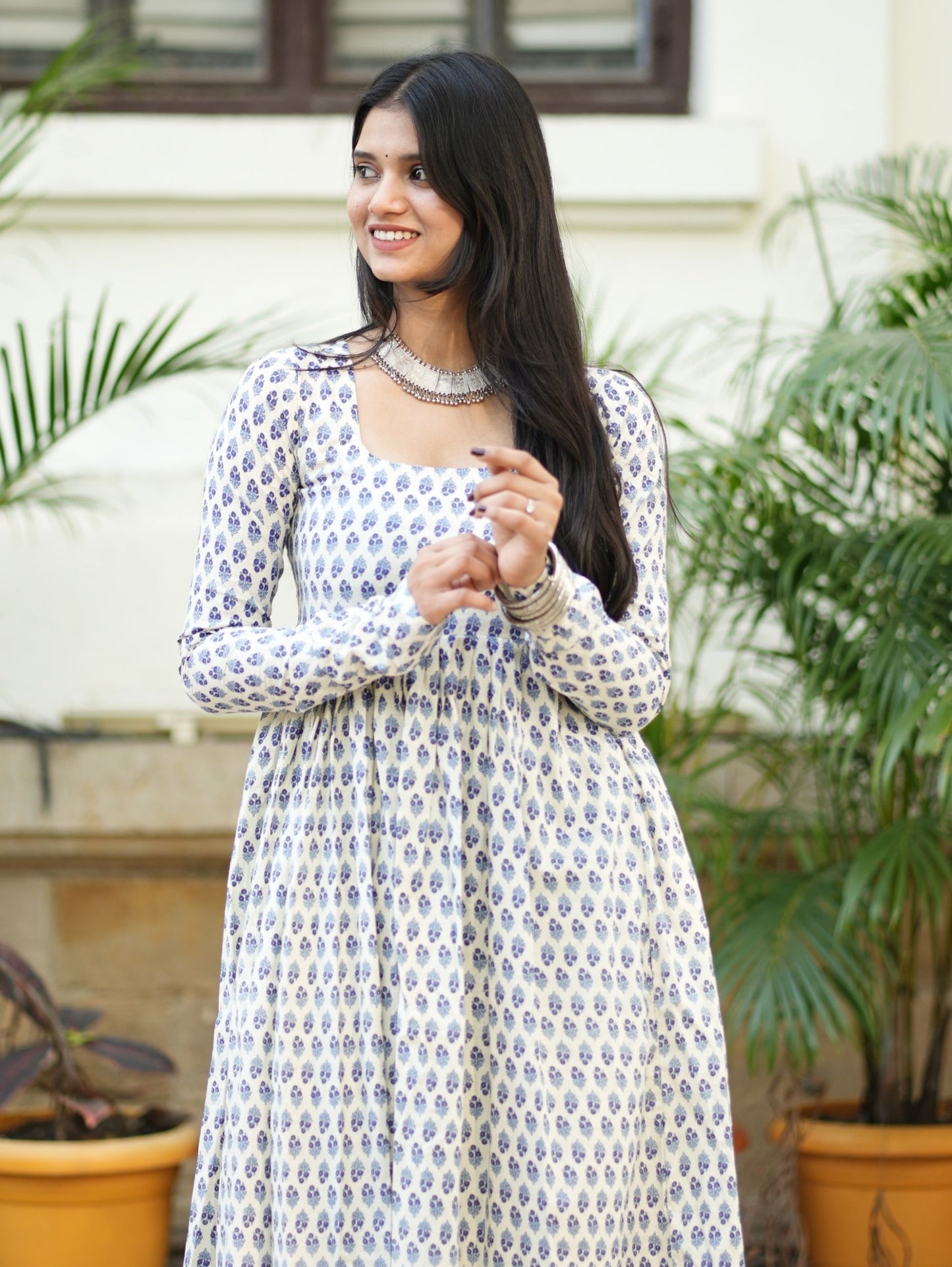 Aradhya White Blue Printed Cotton Kameez with Full Sleeves