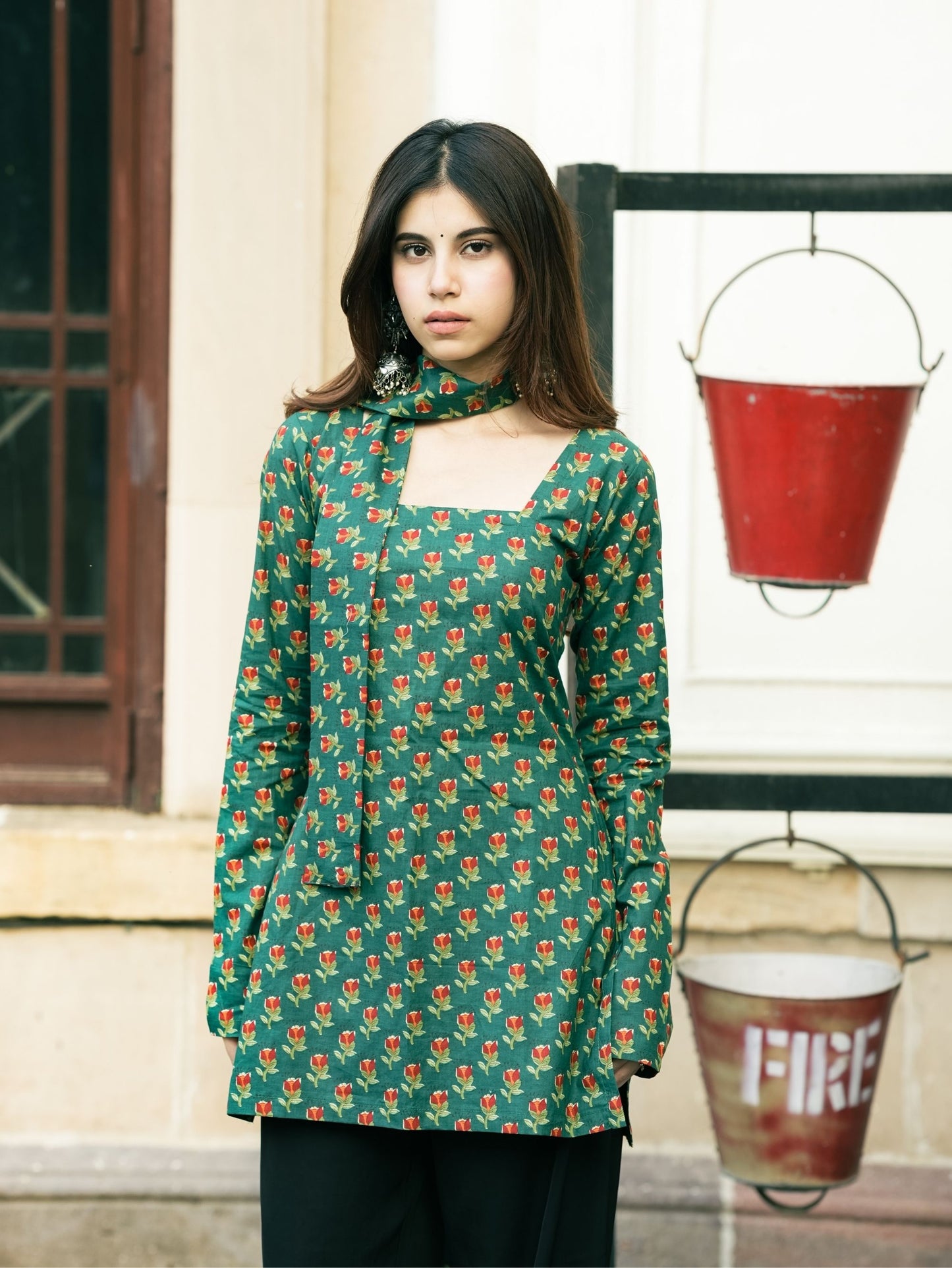 Aaira Green Printed Short Kurti with Scarf Detail