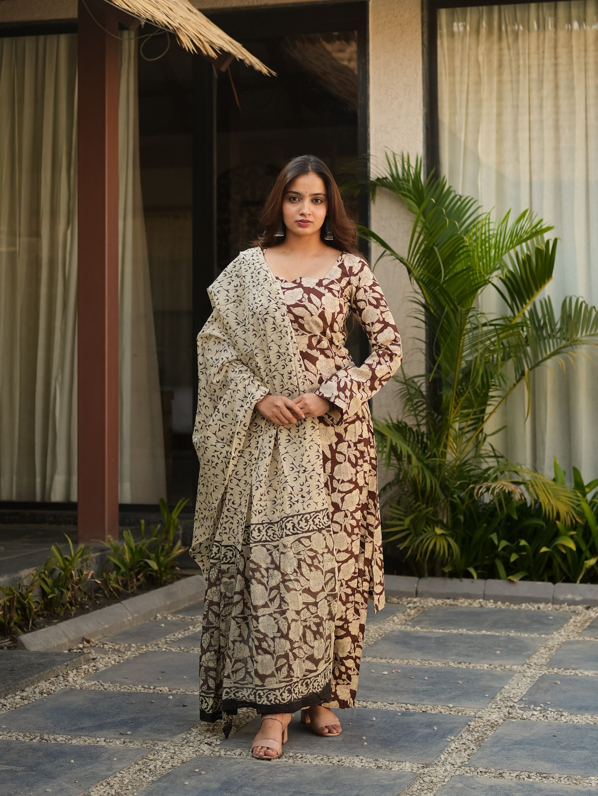 Smoky Plum Brown Handblock Straight Kurta Set with Cotton Dupatta