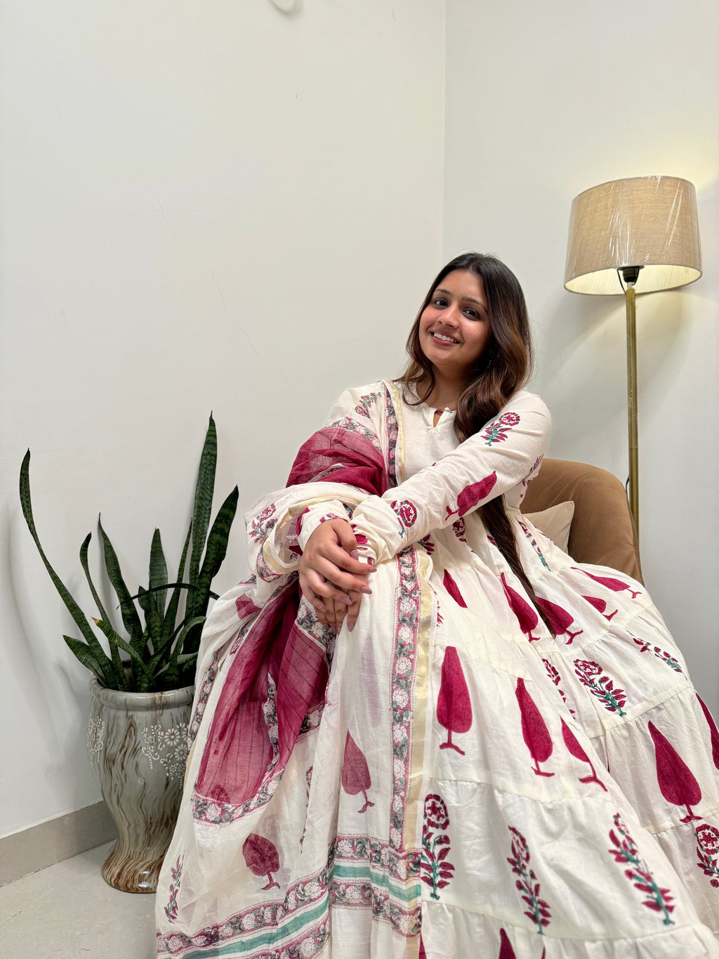White Tilak Tiered Anarkali Set ( chanderi dupatta )