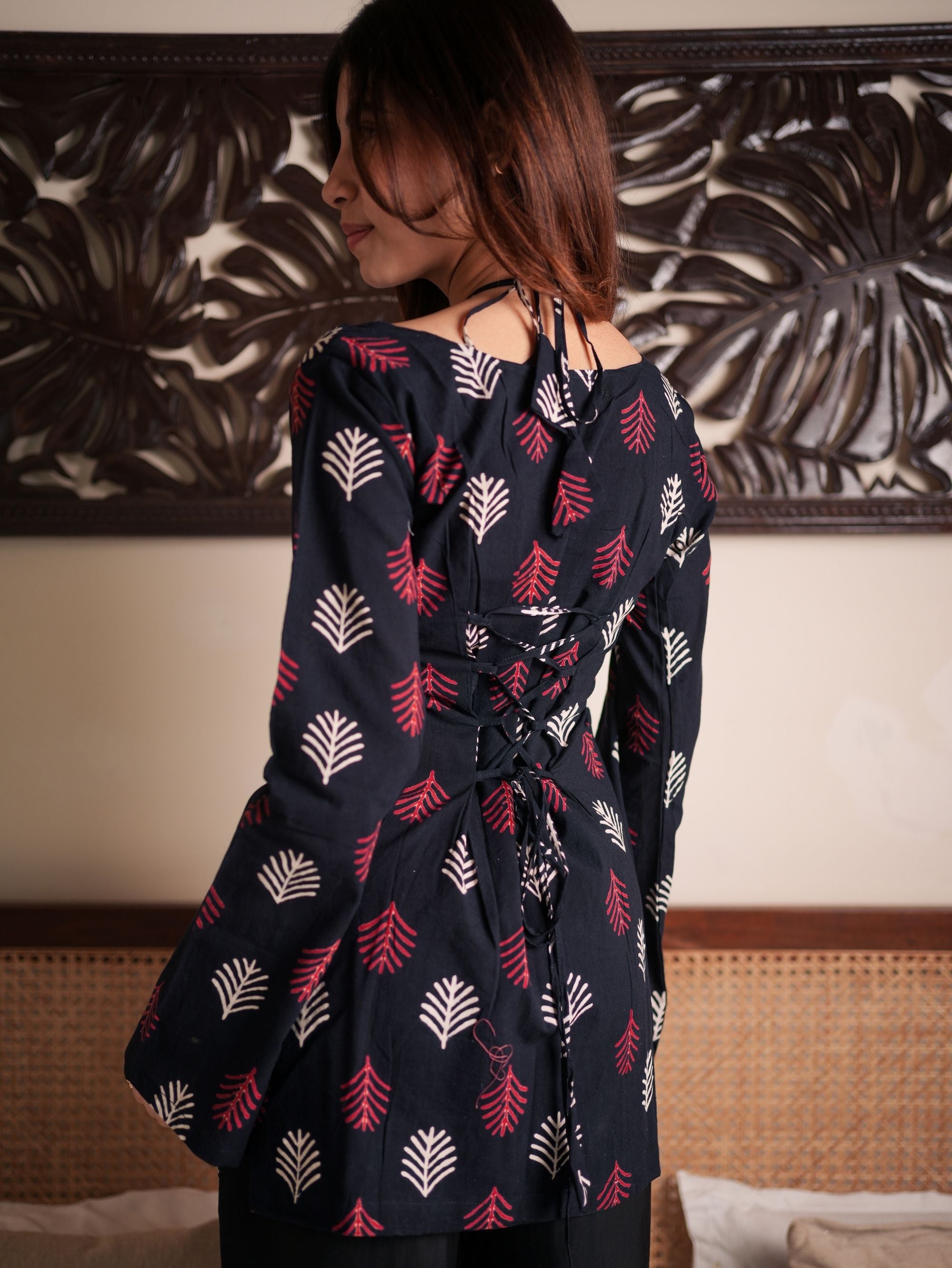 Moonlight Black Cotton Short Kurti with Handblock Print