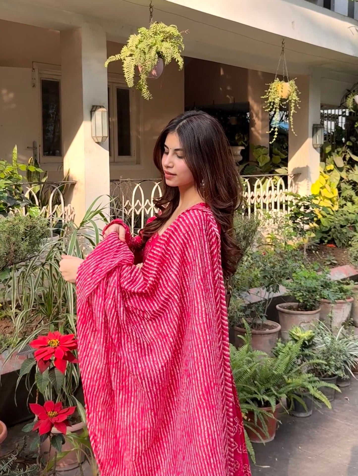 Pink Bandhej Cotton Anarkali 3 Piece Suit Set with Dupatta