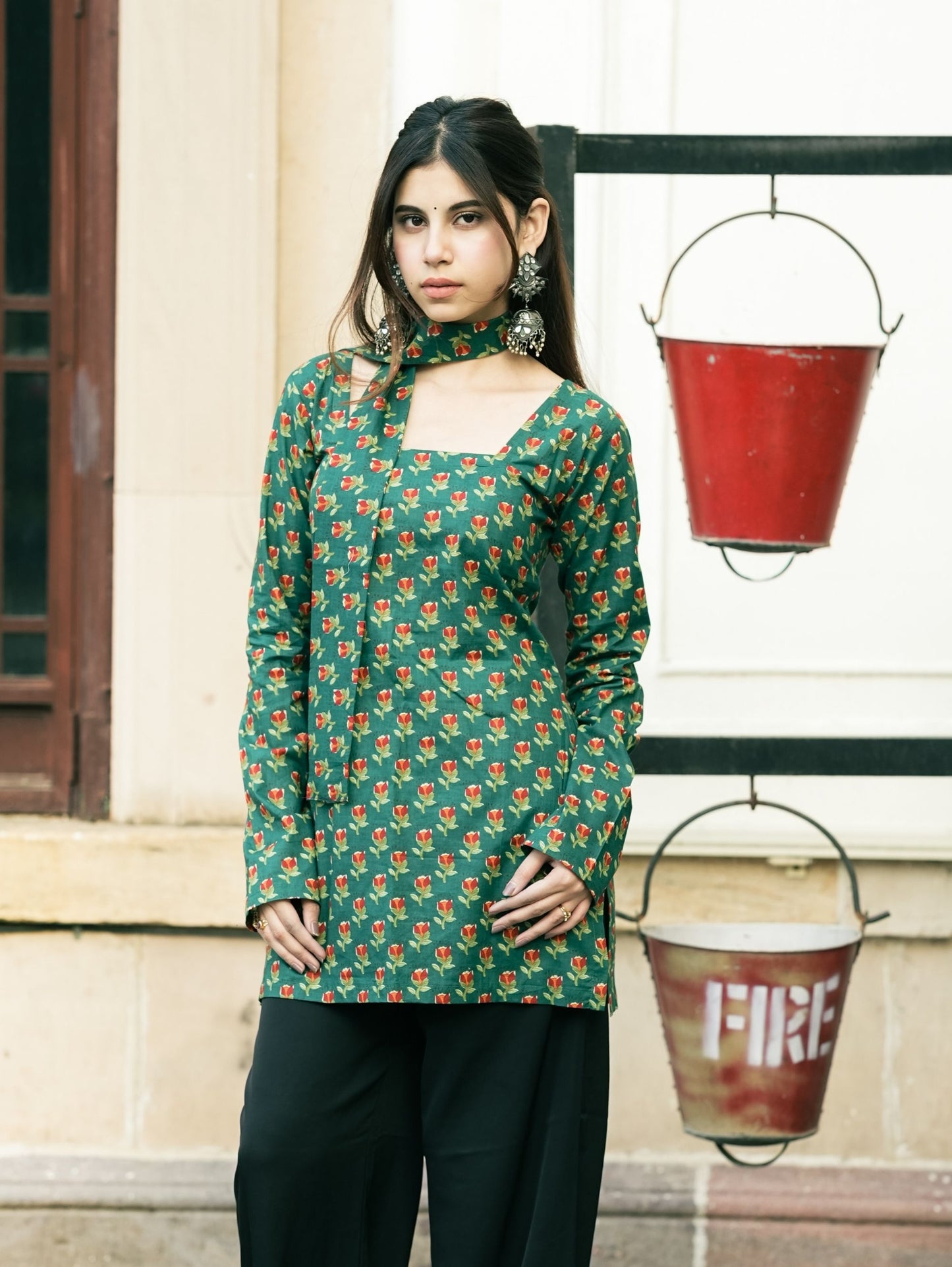 Aaira Green Printed Short Kurti with Scarf Detail