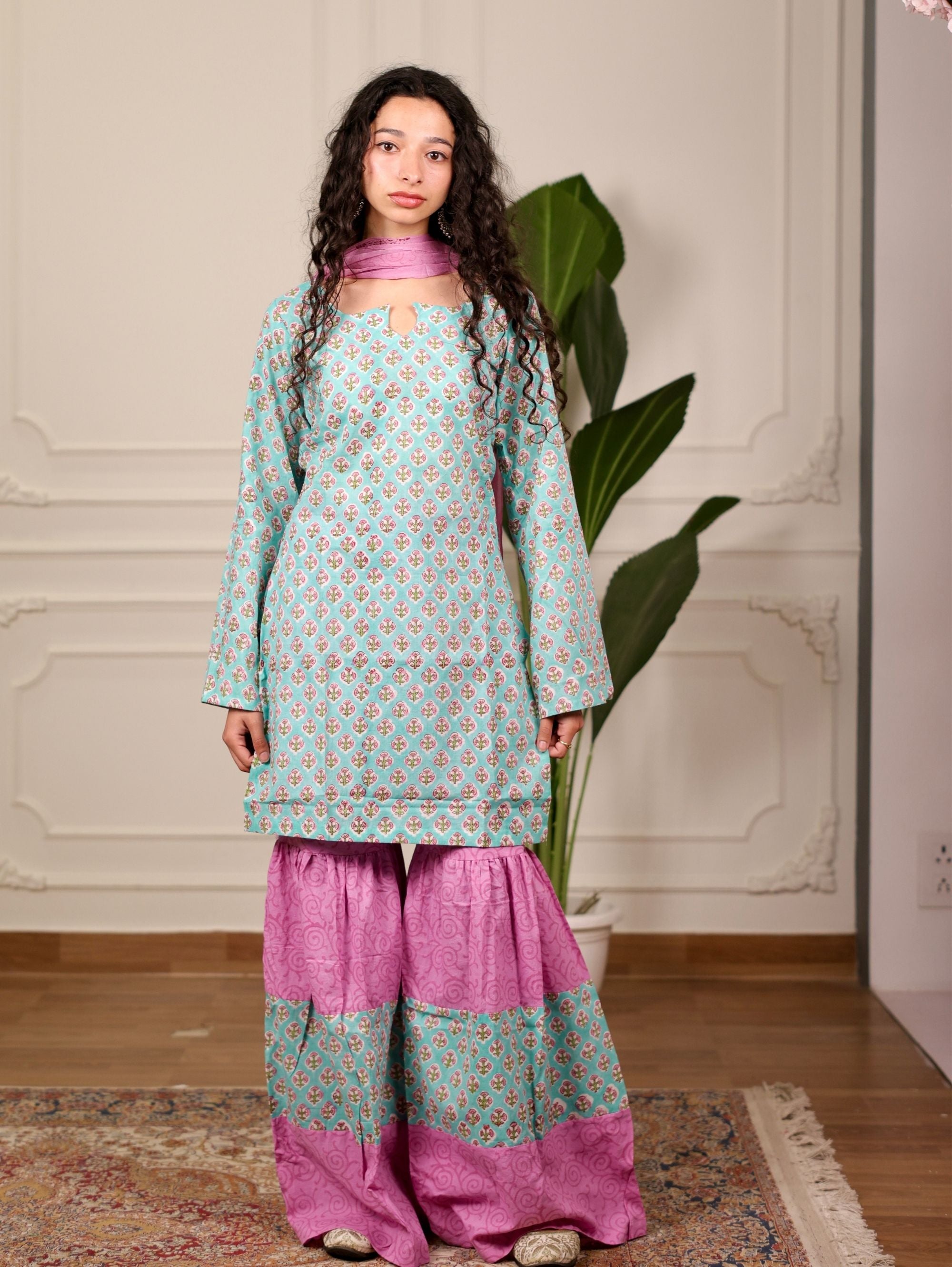 Shabnam Cotton Sharara Set with Chiffon Dupatta
