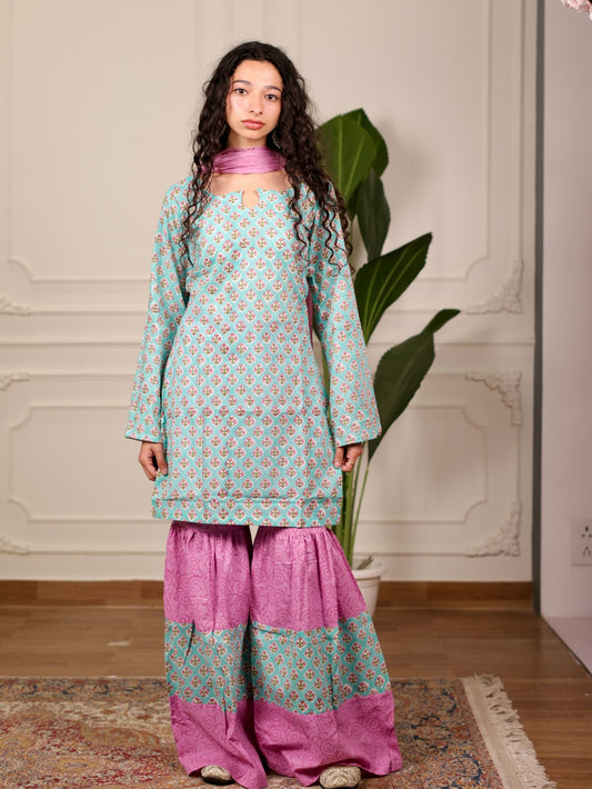 Shabnam Cotton Sharara Set with Chiffon Dupatta