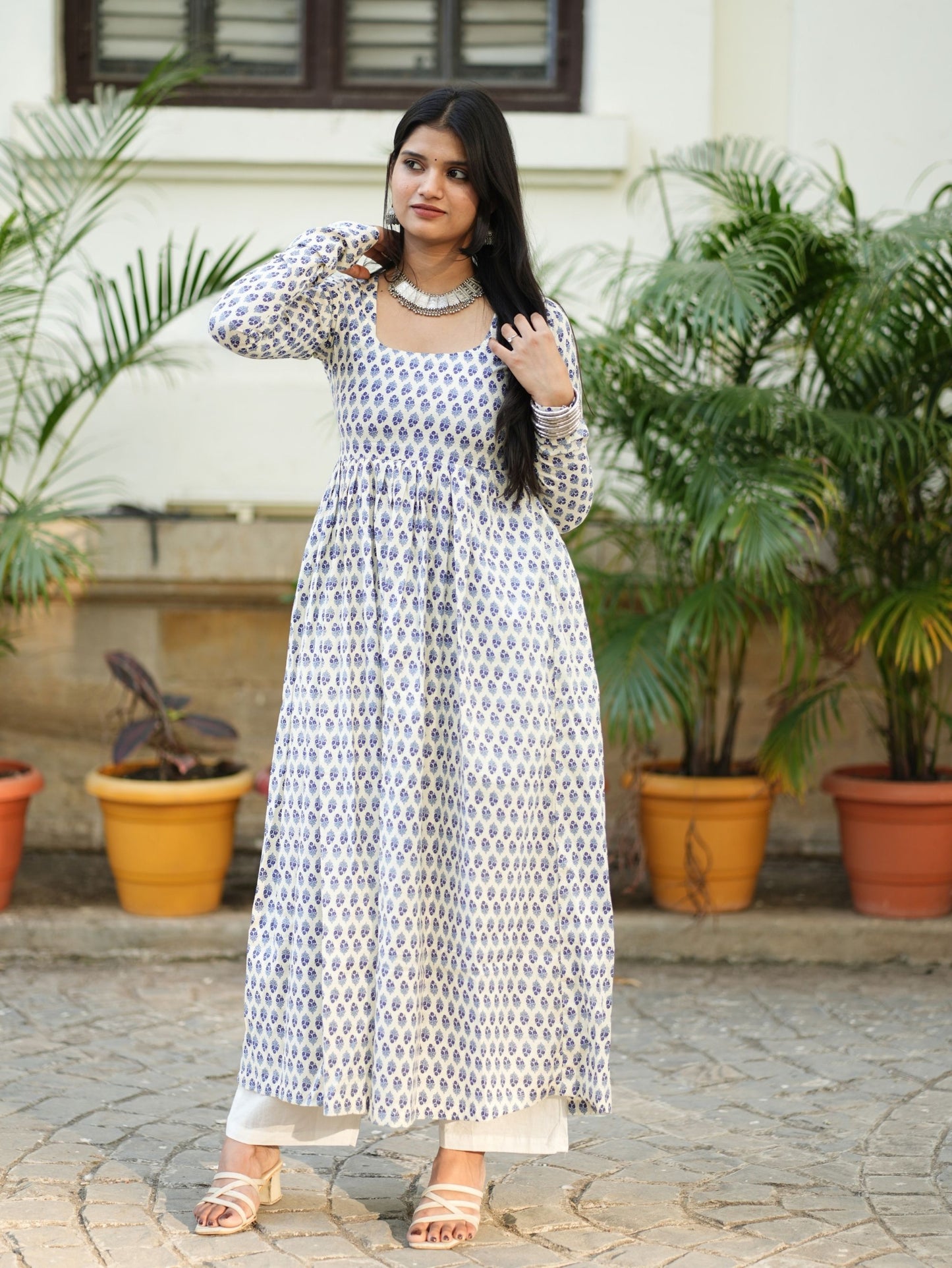 Aradhya White Blue Printed Cotton Kameez with Full Sleeves