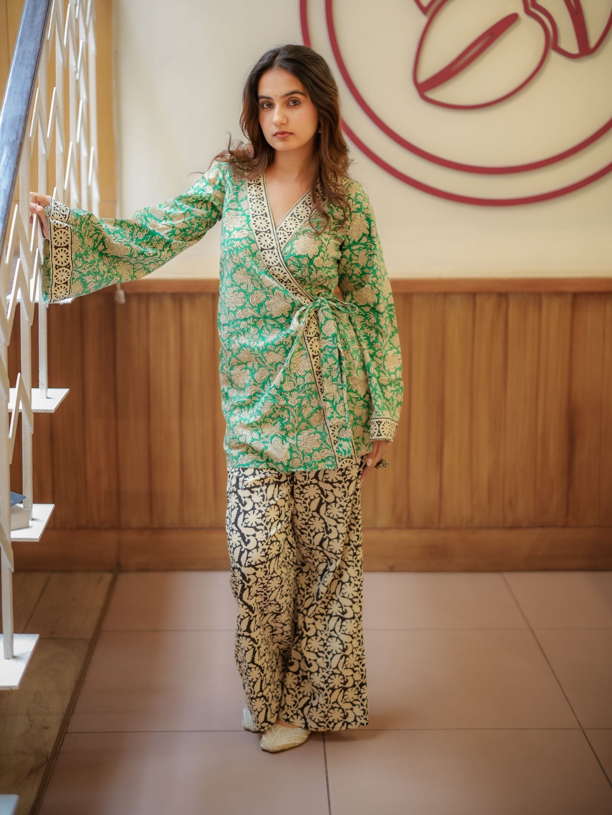 Mint Pista Handblock Wrap Top & Palazzo Set for Women