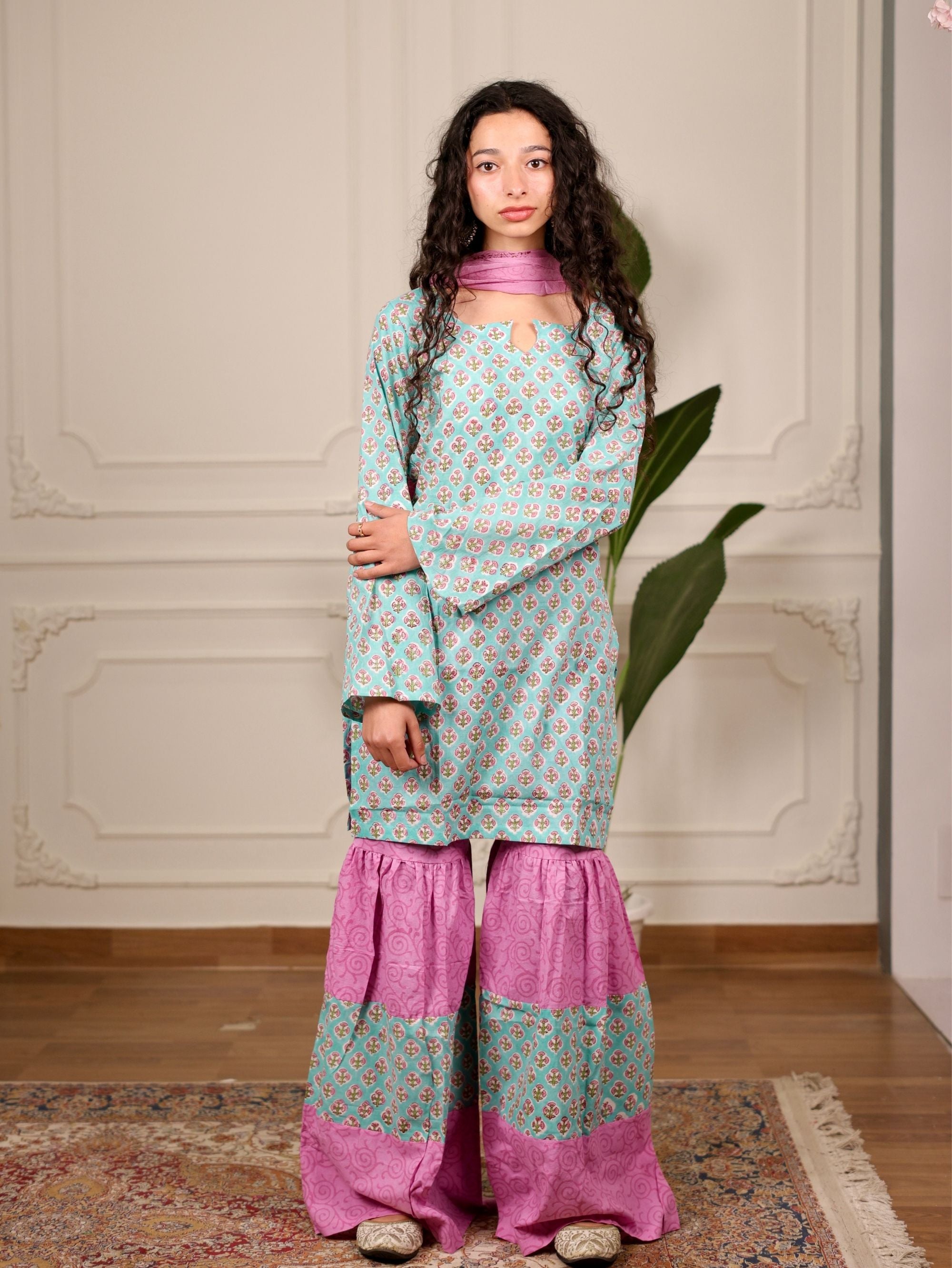 Shabnam Cotton Sharara Set with Chiffon Dupatta