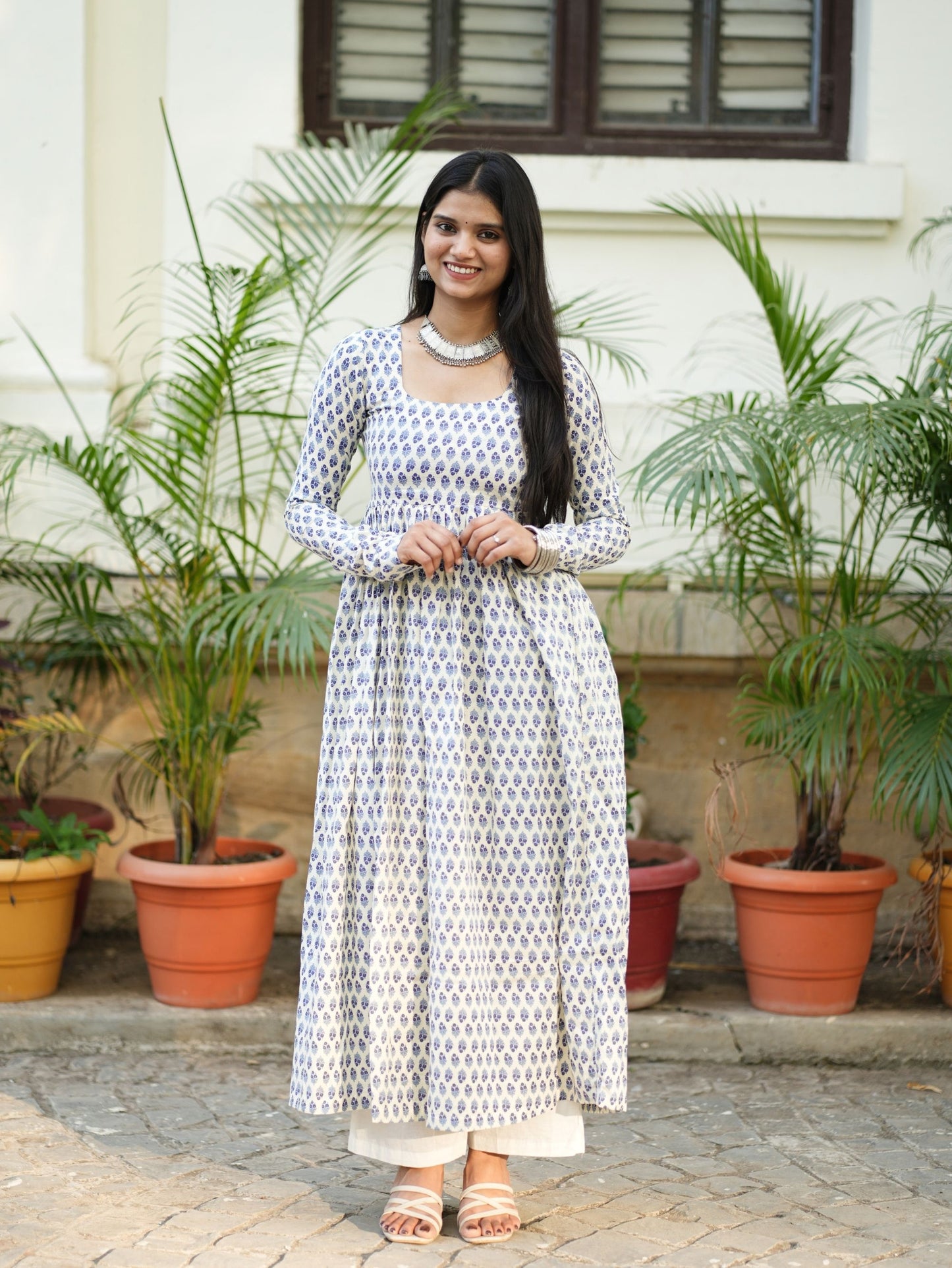 Aradhya White Blue Printed Cotton Kameez with Full Sleeves