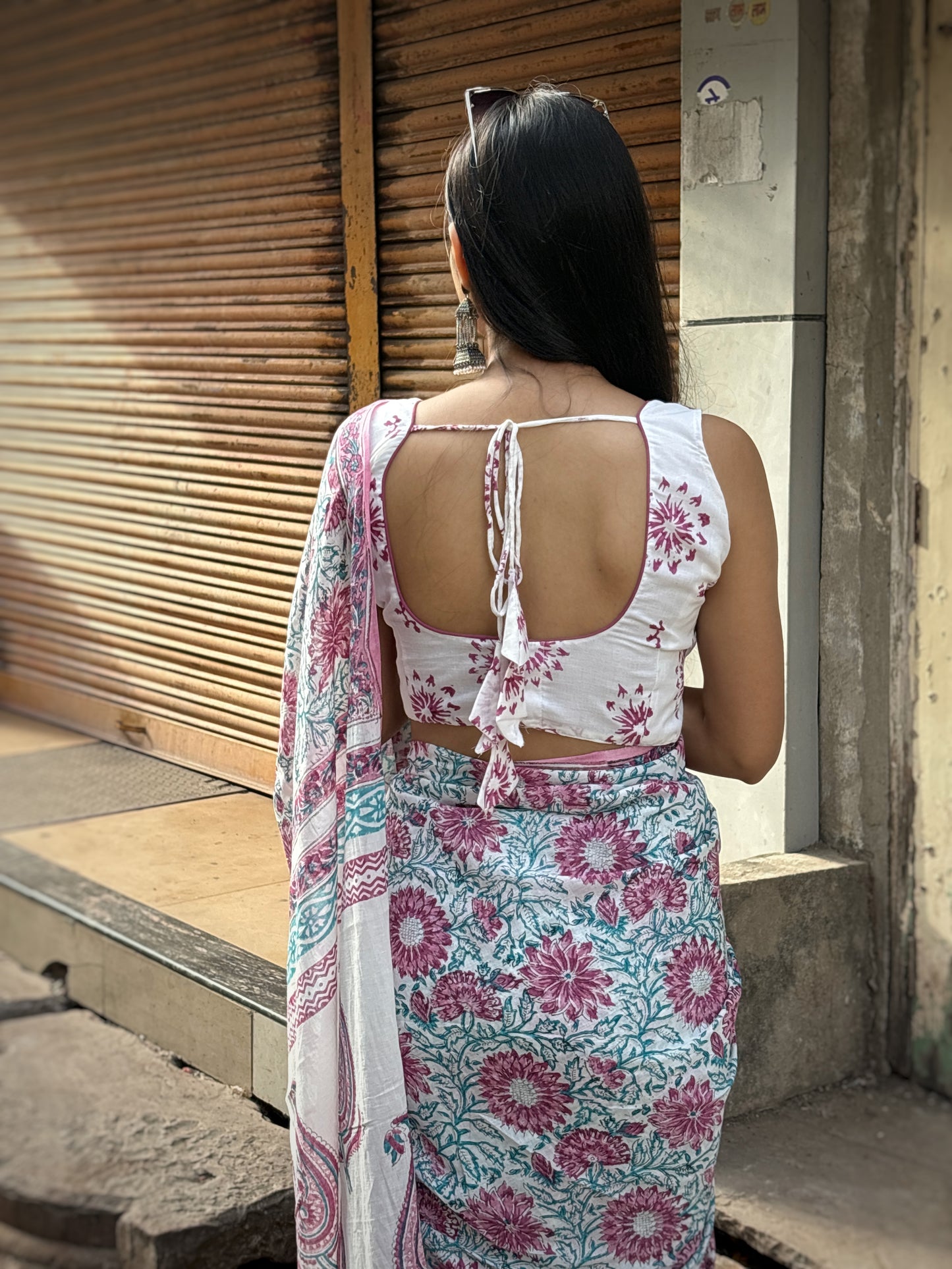 White cotton handblock printed  saree