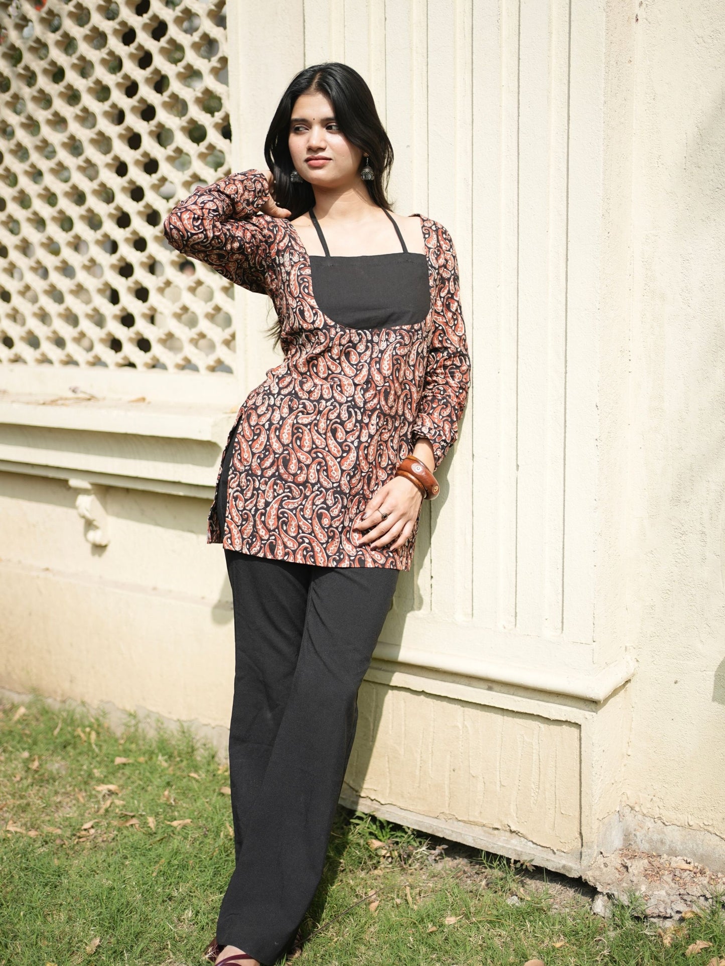 Zaalima Black Cotton Halter Neck Short Kurti with Dori Detail