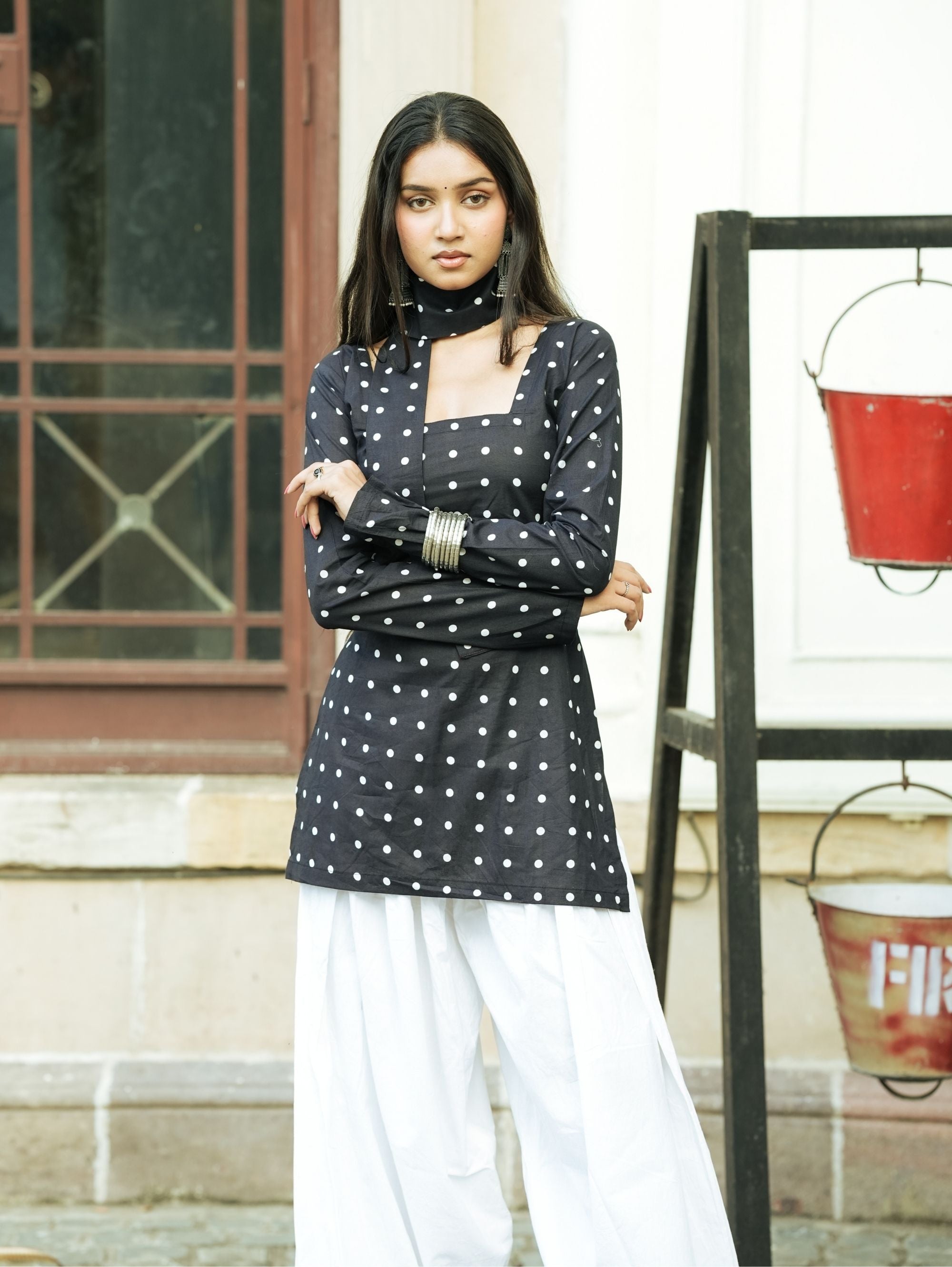 Bebo Black Polka Dot Short Kurti with Scarf Detail