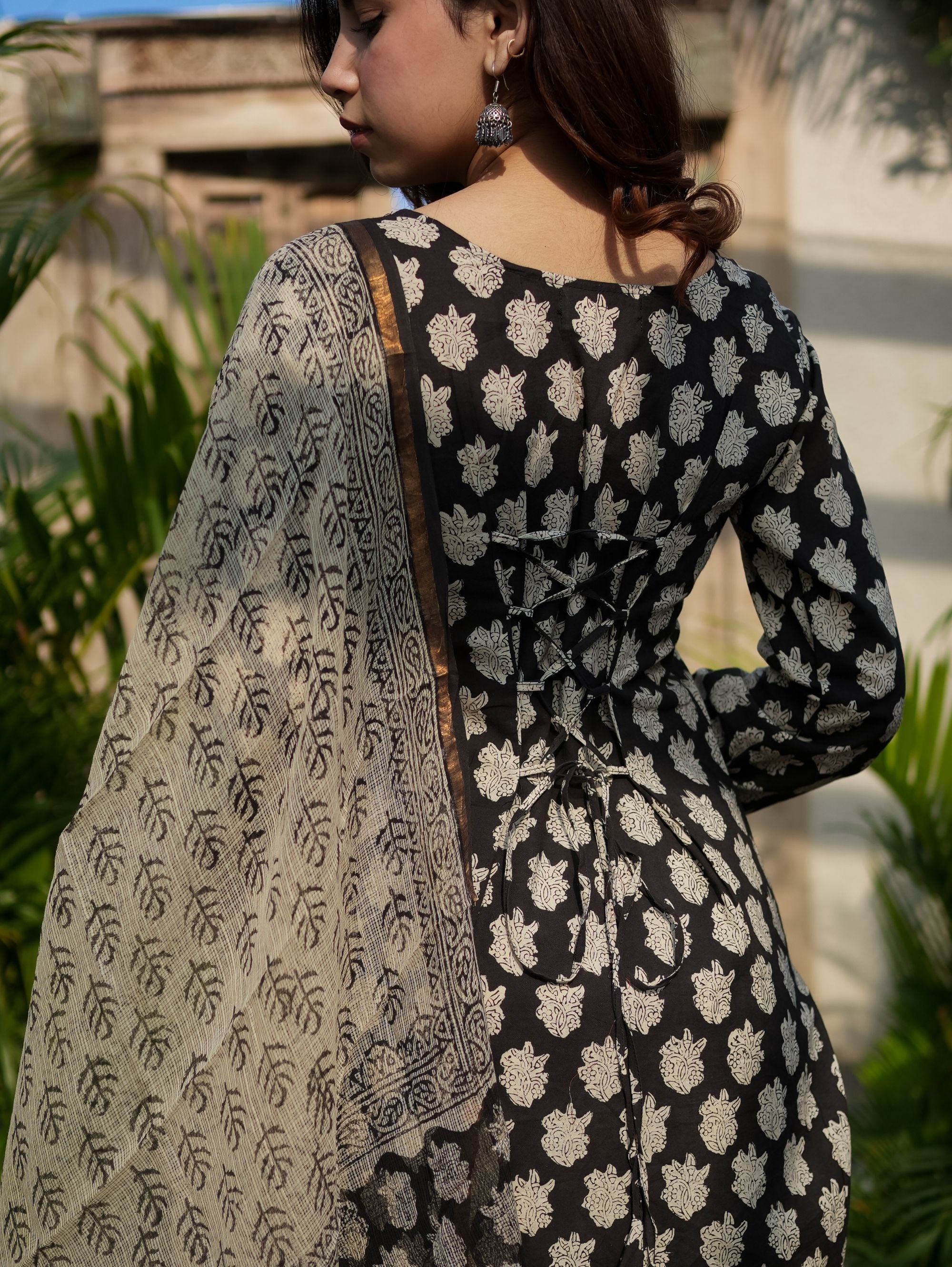 Jasmin Black Cotton Kurta Set with Farshi Salwar and Kota Doriya Dupatta